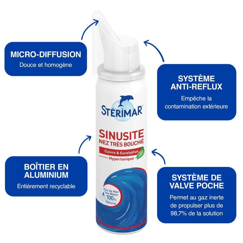 Stérimar Spray Nasal Sinusite pour Nez très Bouché – Eau de mer - Cuivre & Eucalyptus – 50ml