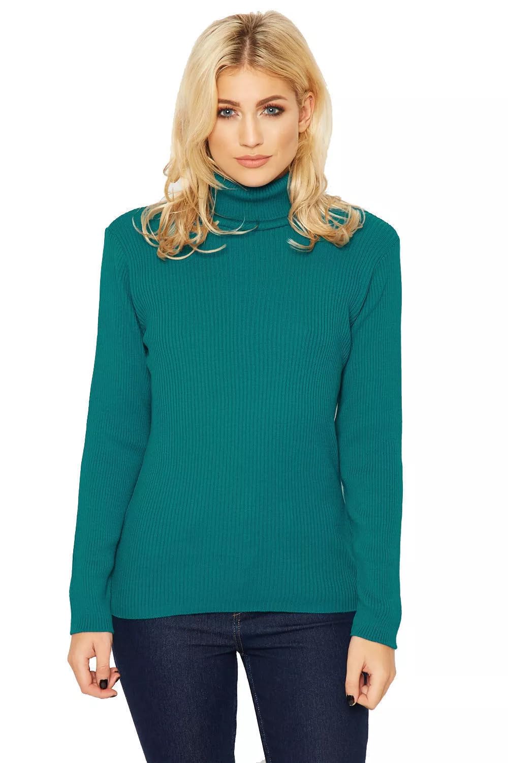 ER Direct Ladies Ribbed Stretch Polo Neck Top Womens Jumper Turtle Neck Long Sleeve Soft Knit 8-14 (Teal, 08-10)