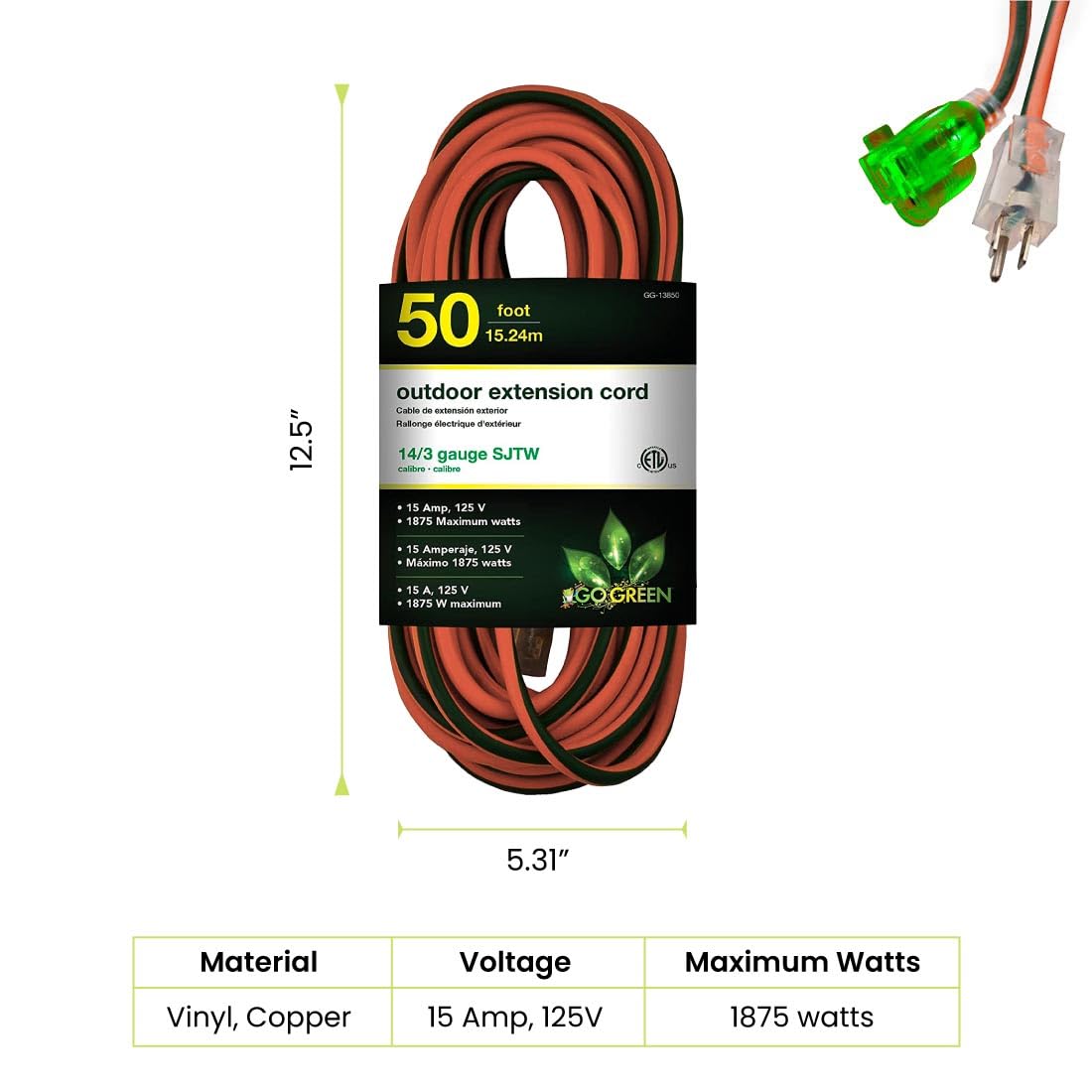 GoGreen Power GG-14025 SJTW - Cable alargador para exteriores (12/3 25''), GG-13850