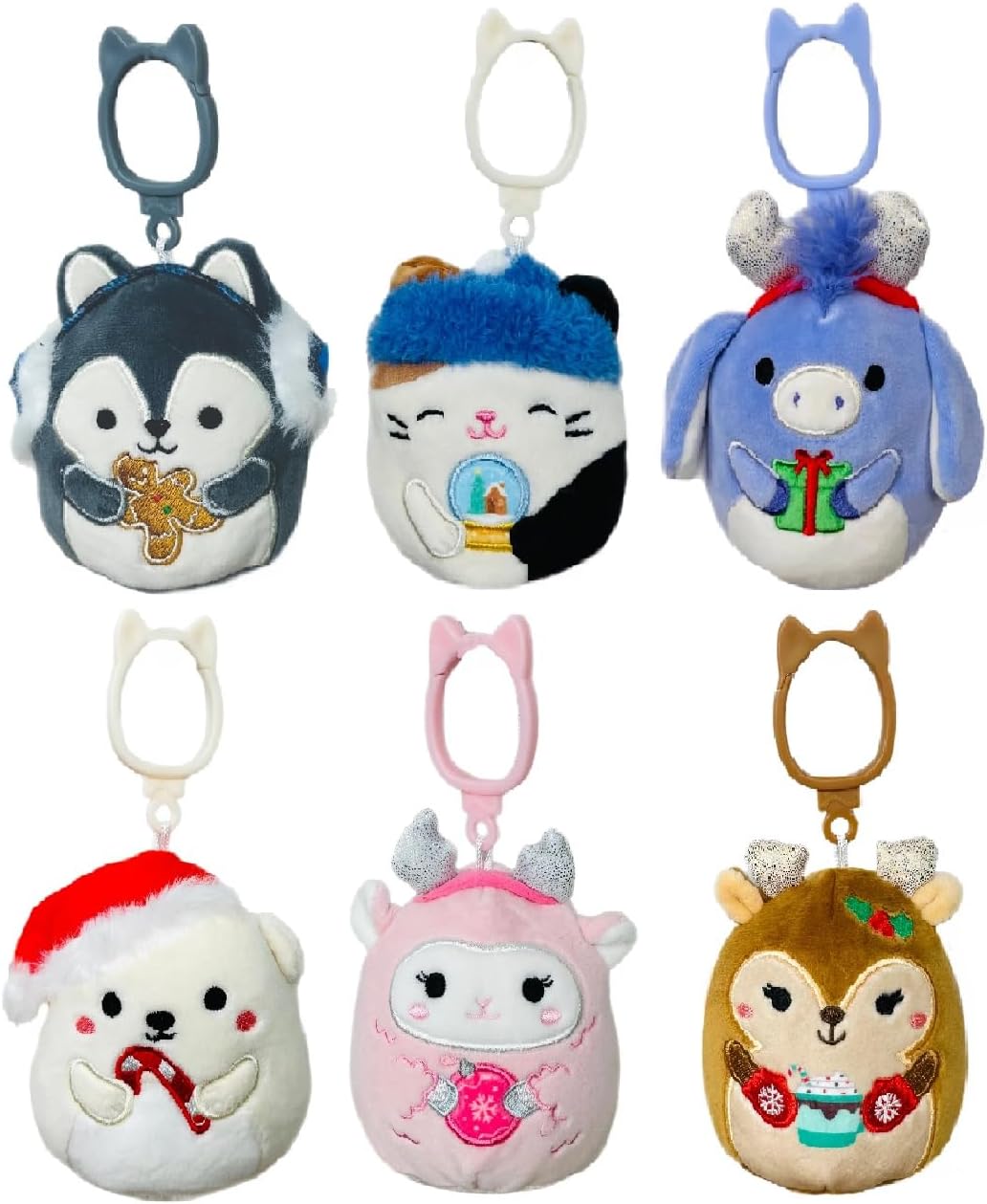 Squishmallows Christmas Clips 3.5 inches -Cam The Calico Cat, Darla The Reindeer, Brooke The Polar Bear, Milanda The Donkey, Lala The Lamb & Ryan The Husky Collectible Gift Set