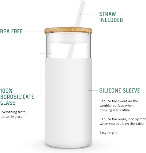 Miniatura 52 de Tronco - Vaso de vidrio de 20 onzas con tapa de bambú y pajilla, vaso para licuado de frutas con funda de silicona, sin bisfenol A, apto para