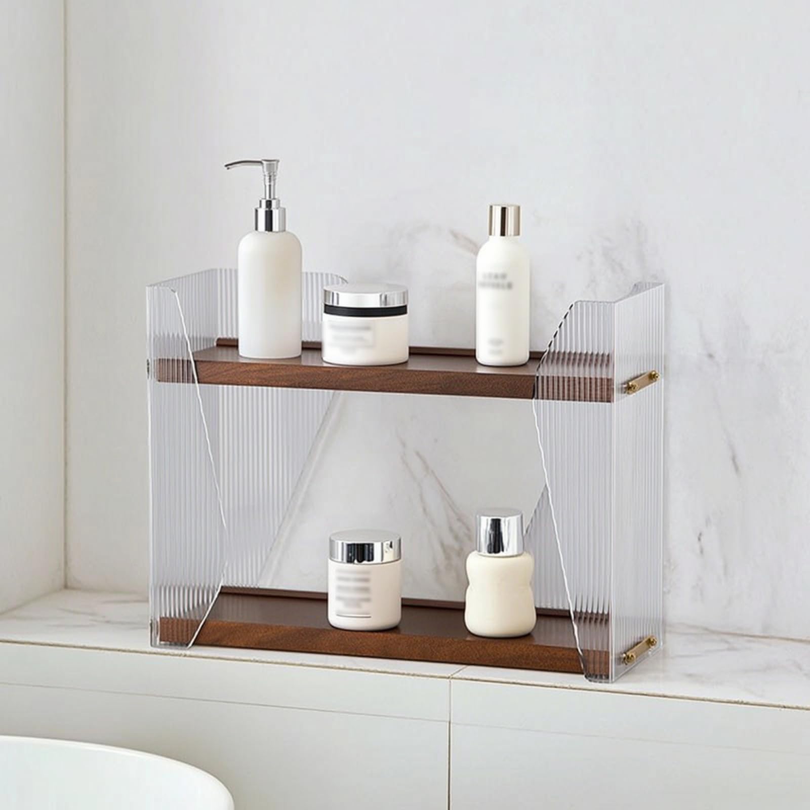 Baoblaze Estante para Cosméticos Organizador de Maquillaje Repisa de Tocador Estantería de Escritorio de Doble Nivel con Madera y Acrílico Transparente Orden y, Grande
