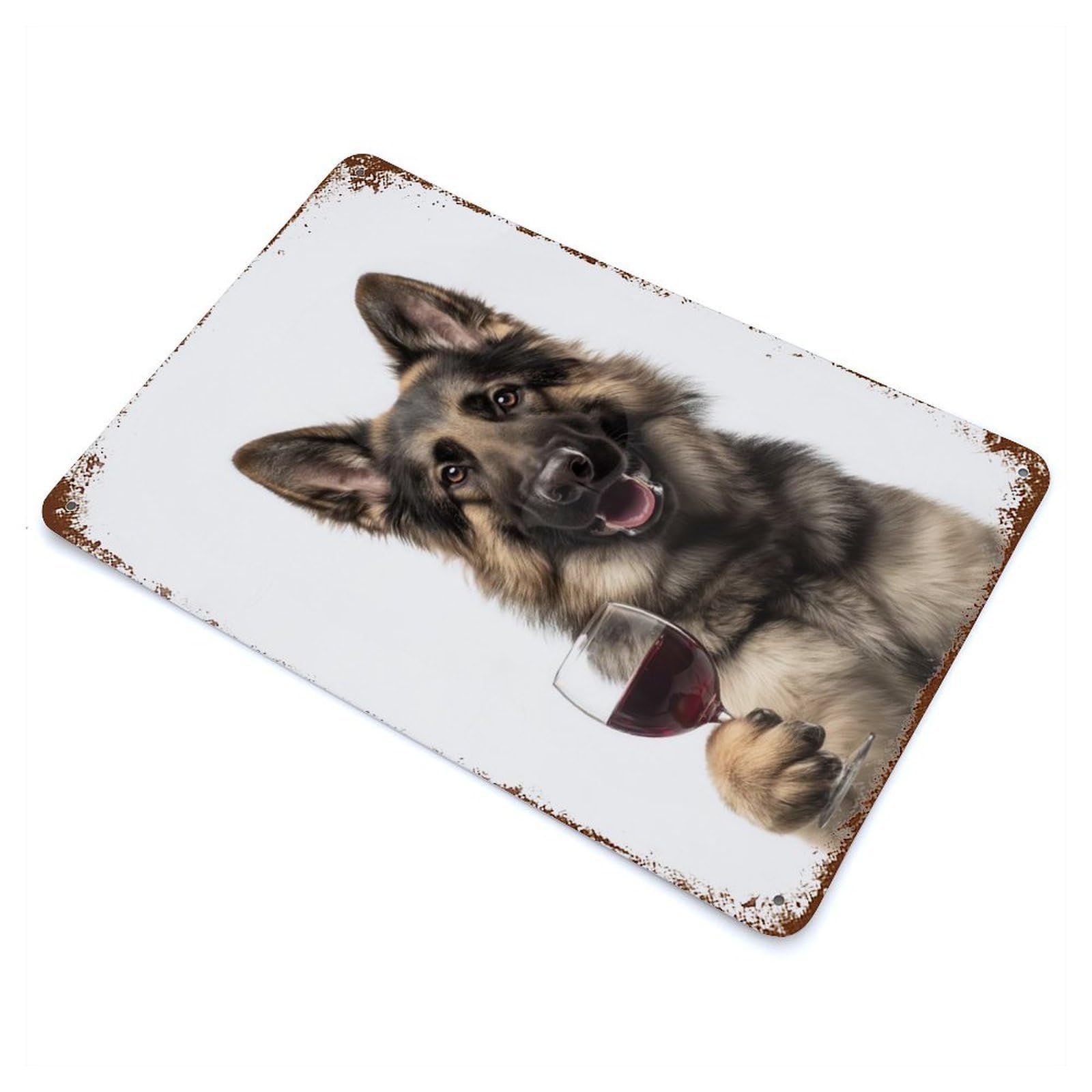 Aged Metal Wall Plaque with German Shepherd with Wine Glass Design 11.8"x7.9", for Pub, Kitchen And Man Cave Decor, Shabby Chic Decor
