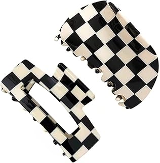 2Packs Hair Claw Clips Vintage Black/White Checker Hair Clips Banana Barrettes Acrylic Jaw Clips French Style Tortoise Shell Grip Pin for Women Girls Thick Hair and Thin Hair