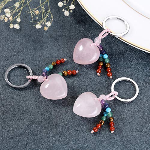 Jovivi Natural Rose Quartz Crystal Heart Love Stone Keychain 7 Chakra Reki Healing Crystal Gemstone Beads Tassel Keyring For Women Mom Mothers Day Gifts #TOP2