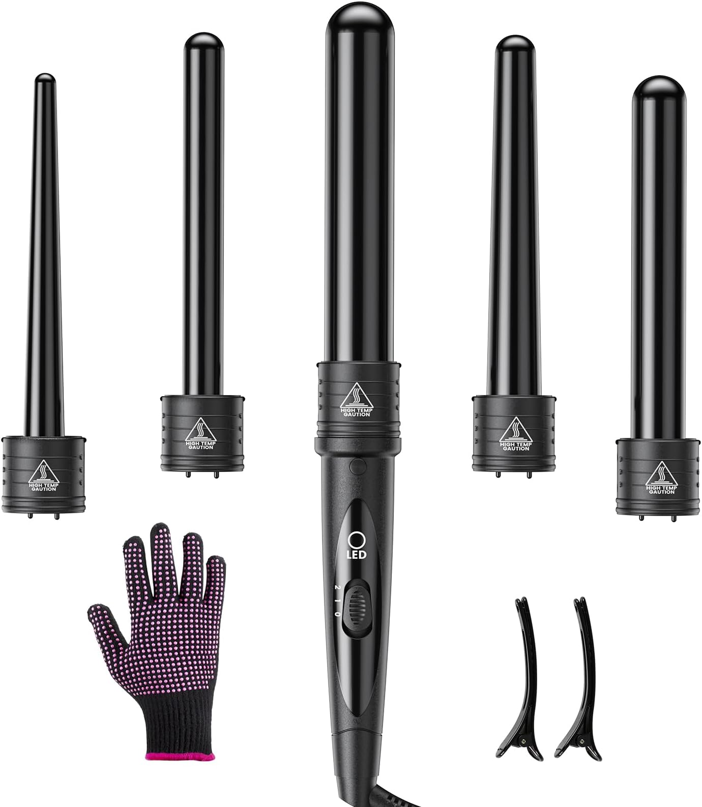 5 In 1 Curling Wand Set, Curling Iron Interchangeable Ceramic Barrels (0.35-1.25 Inch), Heating Hair Curler Kit with Protective Glove & 2 Clips Ceramic Coated for All Hair Types, Gift for Girls, Women