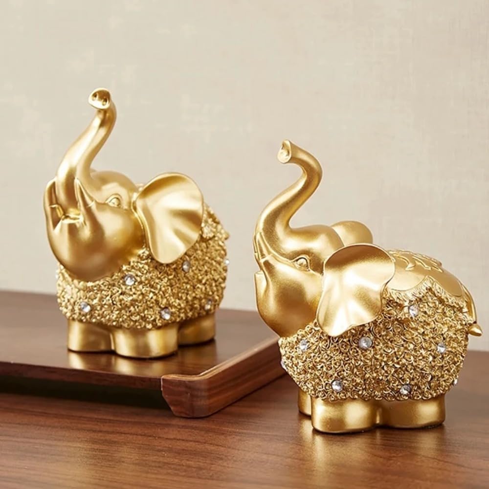2 figuras de elefante dorado para decoración del hogar, estatua de elefante Feng Shui, figuras de elefante de la suerte, trae buena suerte para el hogar, figura coleccionable de elefante,