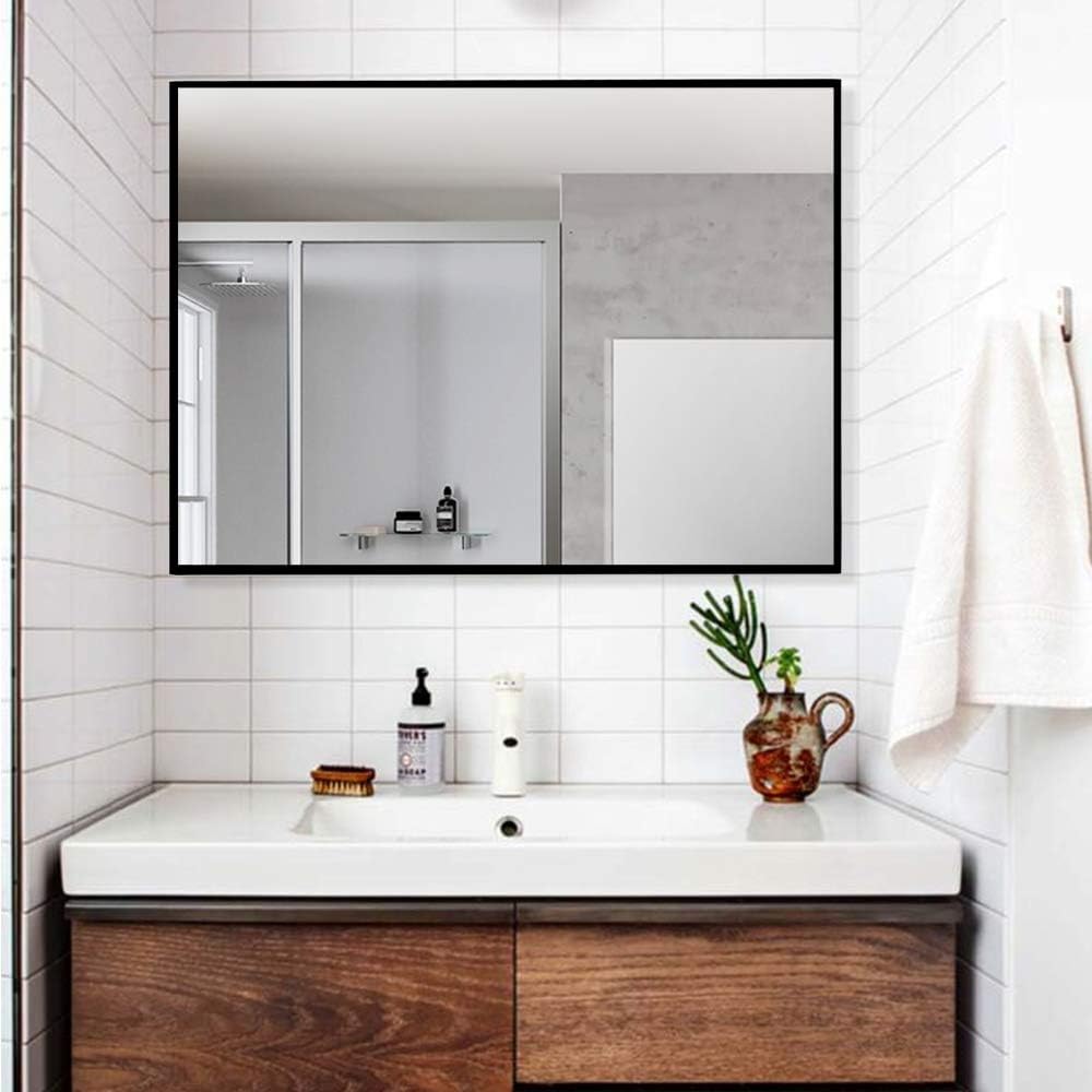 LINSGROUP Large Modern Wall-Mounted Frame Mirror Rectangle Hangs Horizontal or Vertical for Bedroom/Bathroom/Living Room (32"X24", Black)