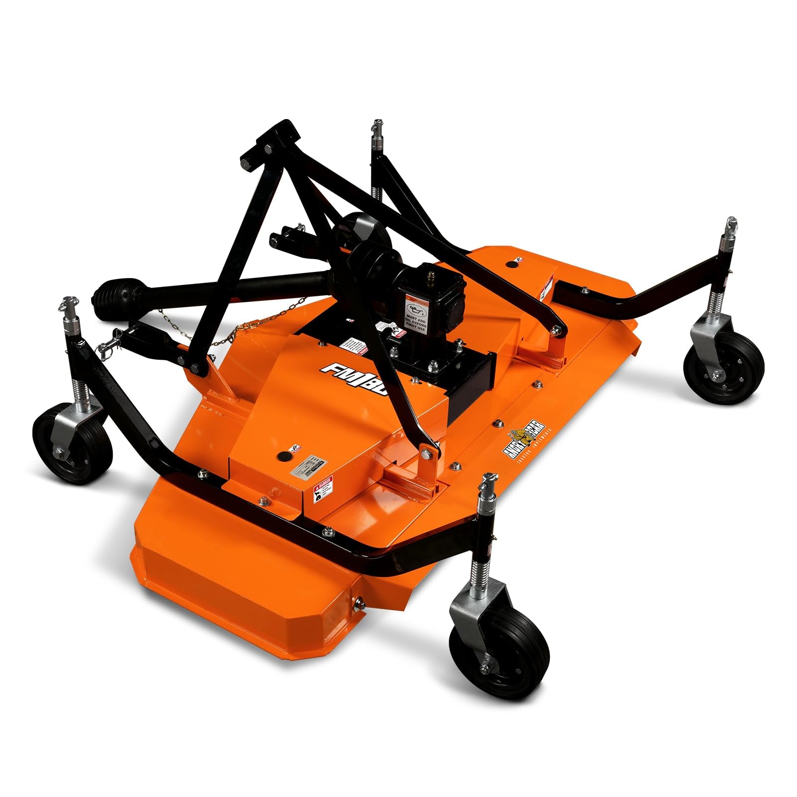 MechMaxx FM180 72-inch finish mower attachment, showing its orange deck, black frame, four caster wheels, and PTO connection point.