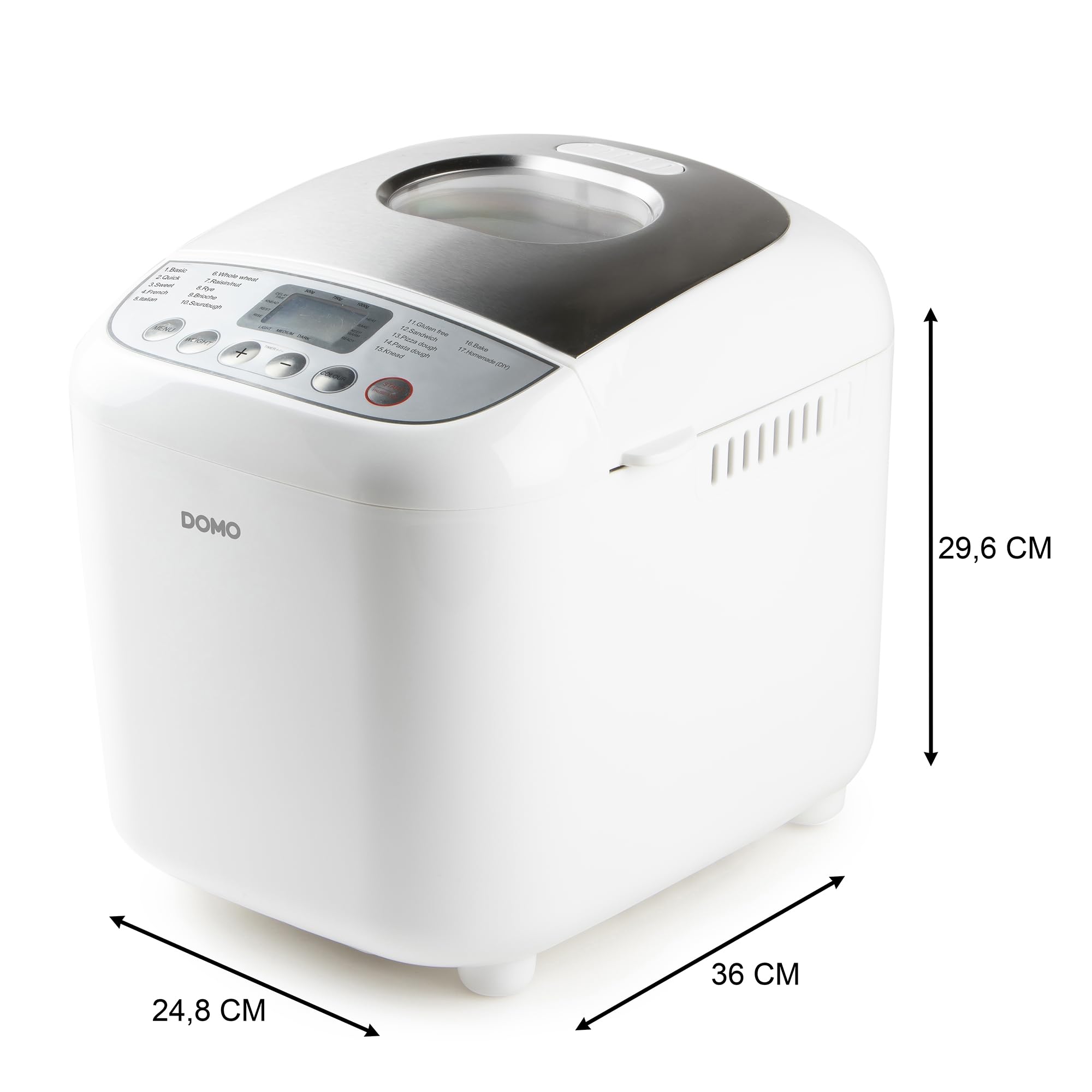 DOMO B3976 Machine à pain – 17 programmes de cuisson (dont Pizza et Sans gluten) – 3 tailles de pain (500 g, 750 g, 1000 g) – Sans PFAS – Avec minuterie – Écran LCD – Blanc