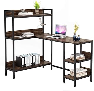 Homesbrand L Shaped Desk with Storage Shelves, Large Corner Computer Desk with Bookshelf, Study Writing Table, PC Gaming Desk Workstation for Home Office, Rustic Brown,140x130x100cm