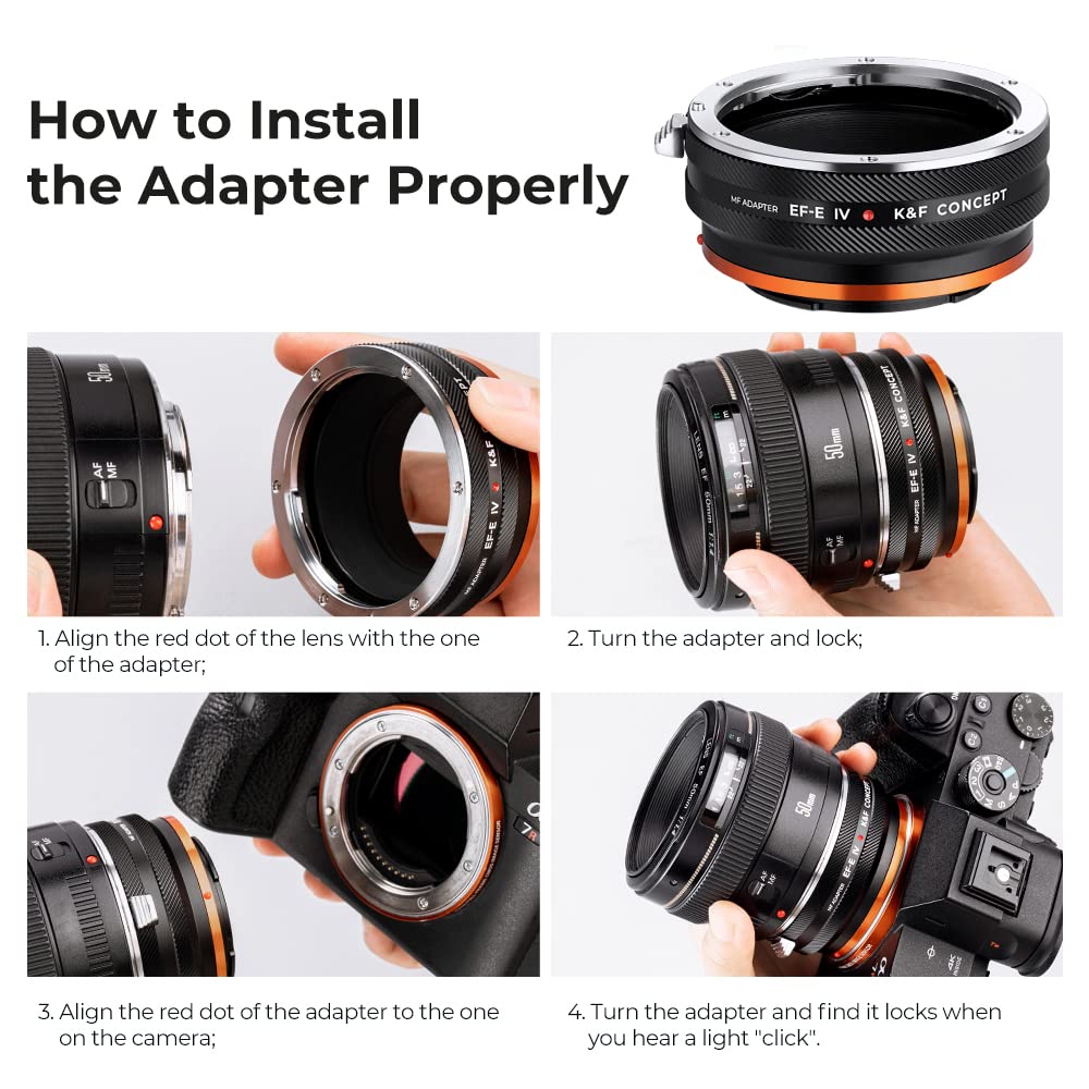 K&F CONCEPT EOS-NEX Adaptador de Objetivo Manual,Adaptador Lente Compatible con Objetivos Canon EOS (EF/EF-S Mount) a Cámara Sony NEX (E Mount) Alpha NEX-3 NEX-3C NEX-5 (NO SE ENFOCA AUTOMÁTICAMENTE)