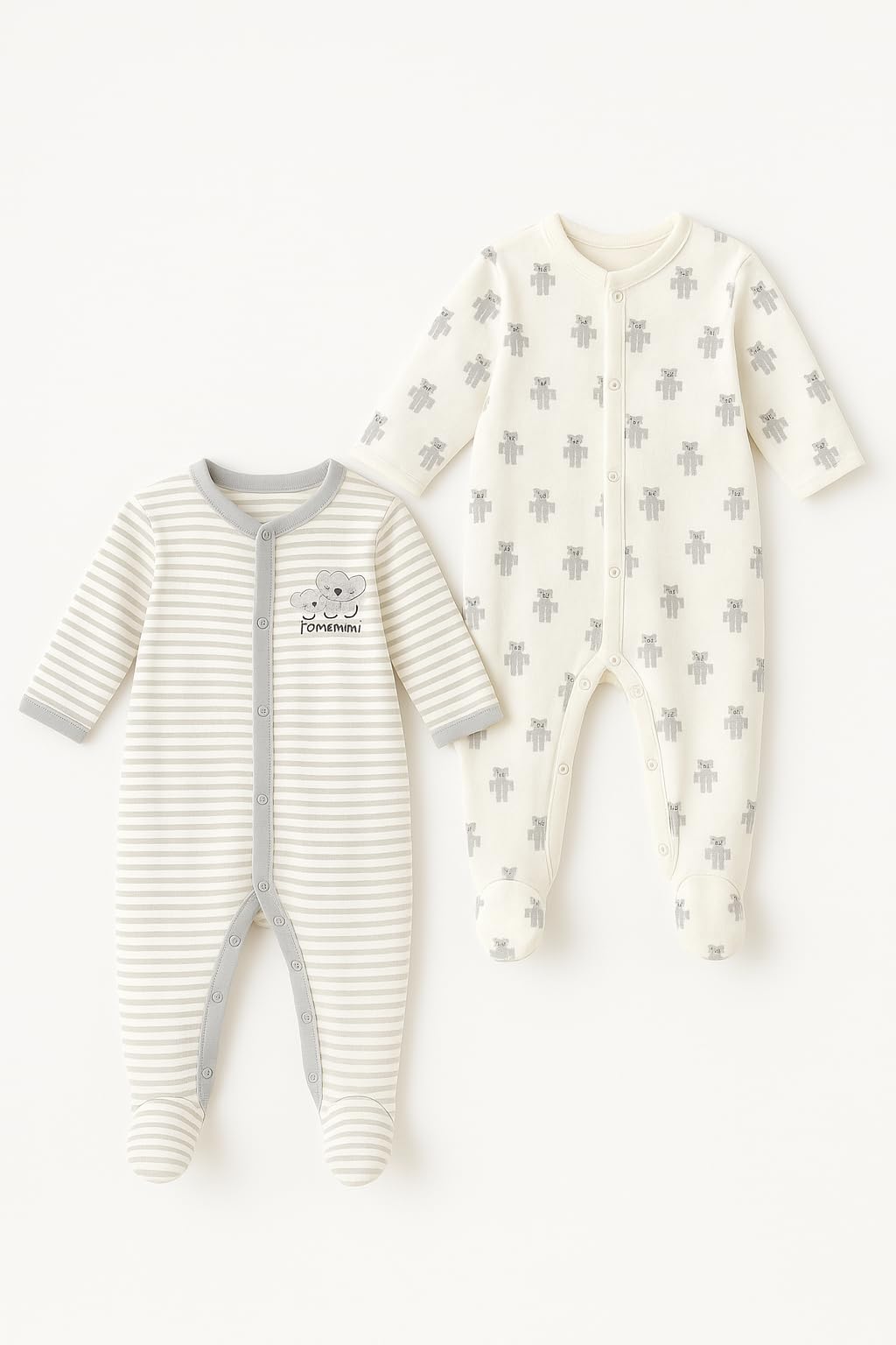 TuddyBuddy 100% Cotton Footed Romper Sleepsuit for Baby (0 Months-3 Months, Pack of 2 - White Stripes & White Teddy) - Image 4 thumbnail