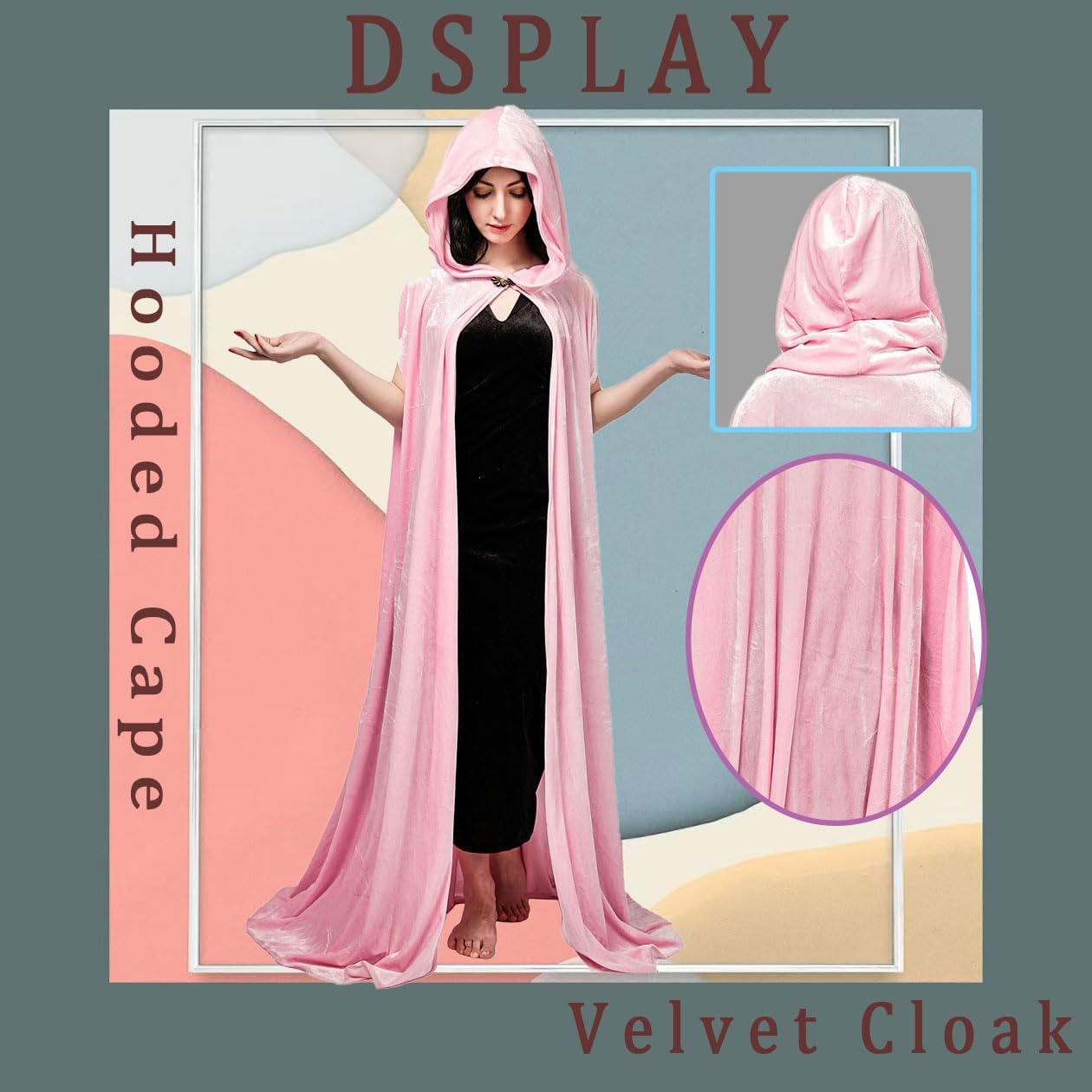 DSplay Women's Full Length Hooded Long Velvet Cape (Pink)