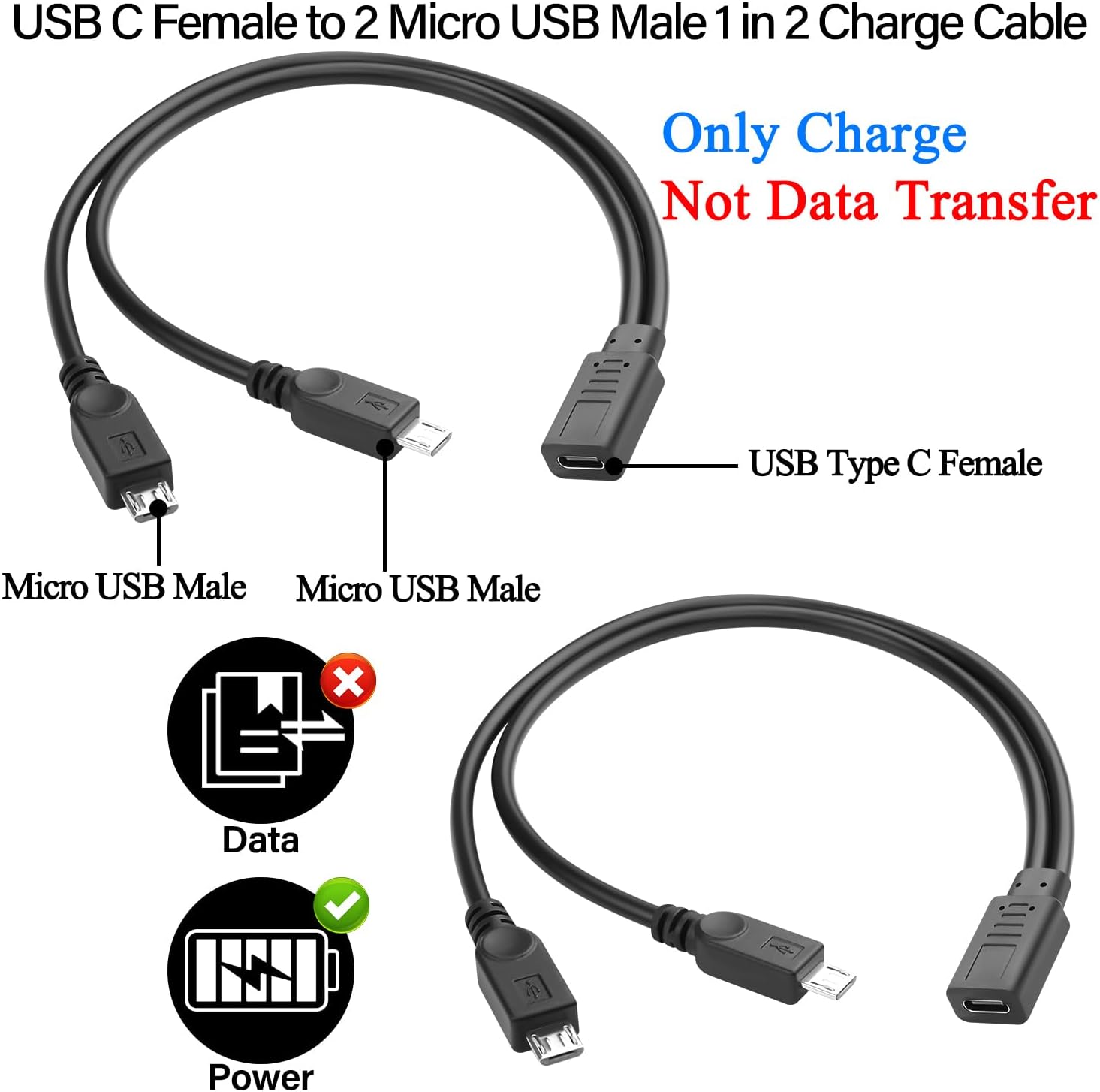 QIANRENON USB C to 2 Micro USB 1 in 2 Splitter Charging Short Cable 5V3A USB Type C Female to Dual Micro USB Male Connector Y Shape Extension Cable, Cannot Data Transfer, 30cm/13.8in, 2Pcs