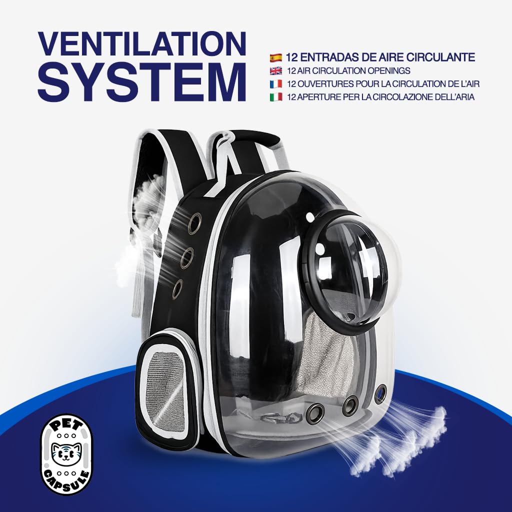 Mochila Transportín Gato y Perro Pequeño hasta 6 kg – Transportín Gatos Cápsula con Ventana Transparente y Cúpula Perforada – Mochila para Gatos Medidas Cabina Avión, Ventilación