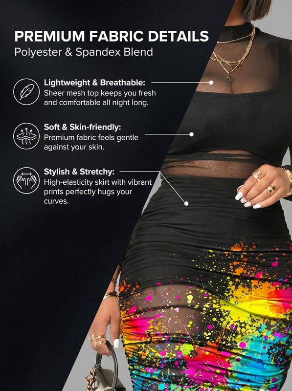 Image of Rodawu Women's Sexy See-Through 3-Piece Set Midi Dress Outfits