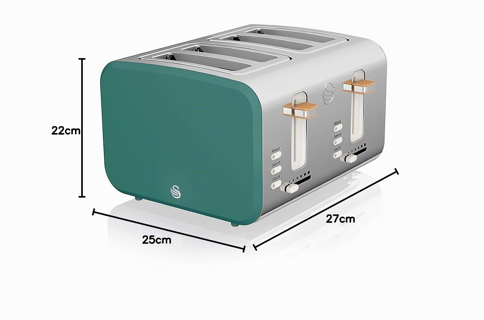 Swan Nordic Set Desayuno Hervidor de agua inalámbrico 1,7L 2200W, Tostadora Pan ranura ancha 4 rebanadas, 3 funciones, diseño moderno, efecto madera, verde
