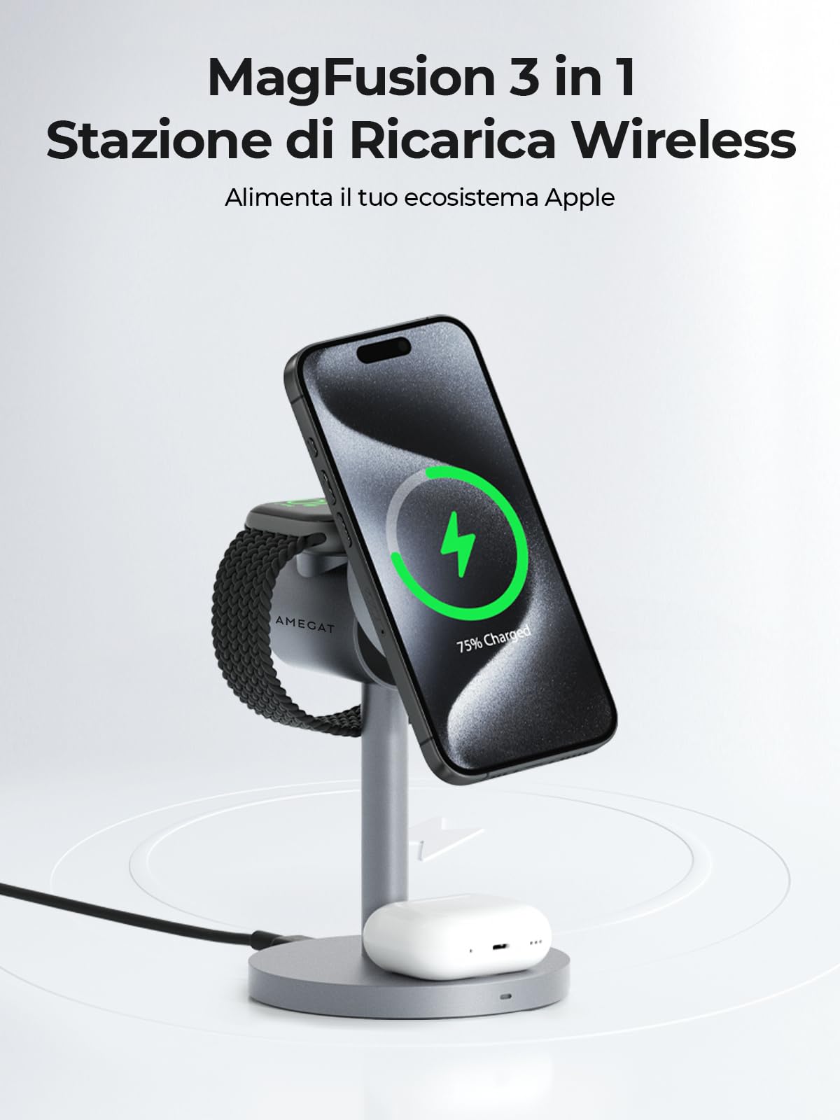 AMEGAT Stazione di Ricarica 3-in-1 compatibile con Magsafe, 15W Caricatore Wireless Certificato Qi2 per iPhone 17/Air/16/15/14/13/12 Serie, Apple Watch, AirPods (Caricatore USB-C da 30W Incluso)