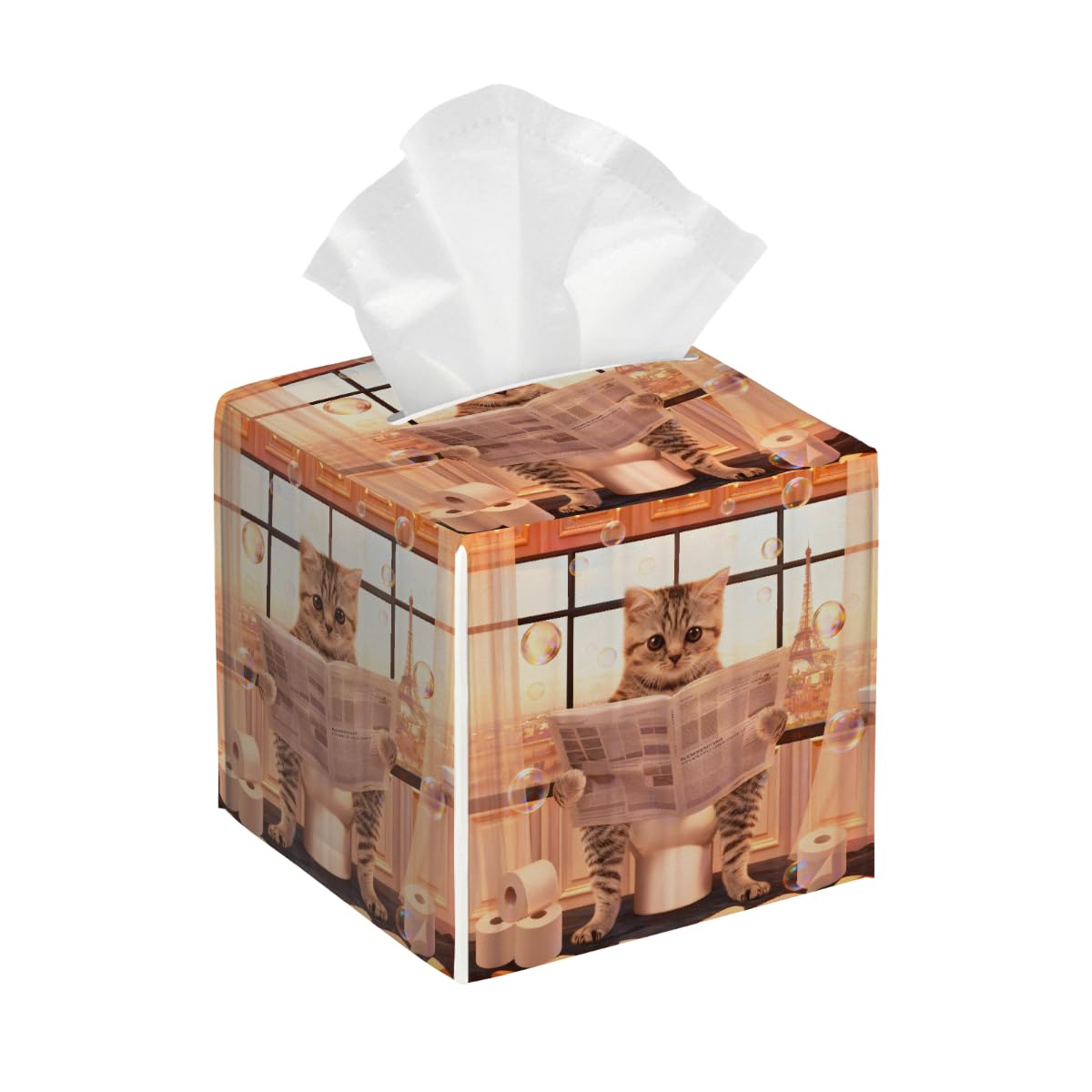 Tissue Box Cover Square Pu Leather Tissue Box Holder Waterproof Paper Organizer Dispenser for Bathroom Kitchen Bedroom Car Office Cat Read Newspaper