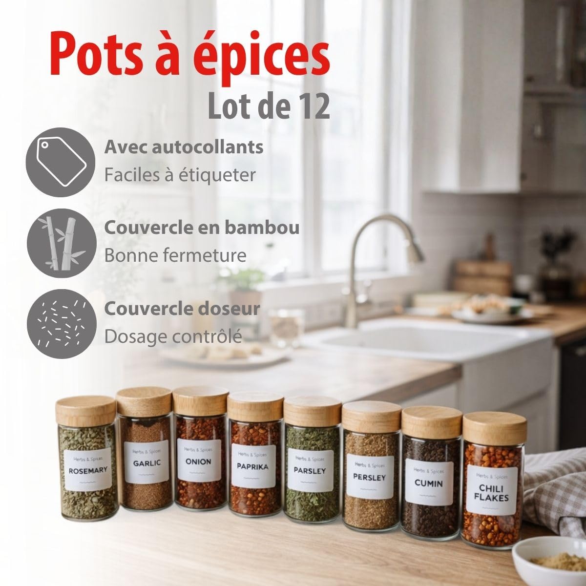alpina Pot Epices Verre Lot de 12 - Petit Pot en Verre avec Couvercle Bambou et Doseur - Rangement Cuisine et Rangement Epices