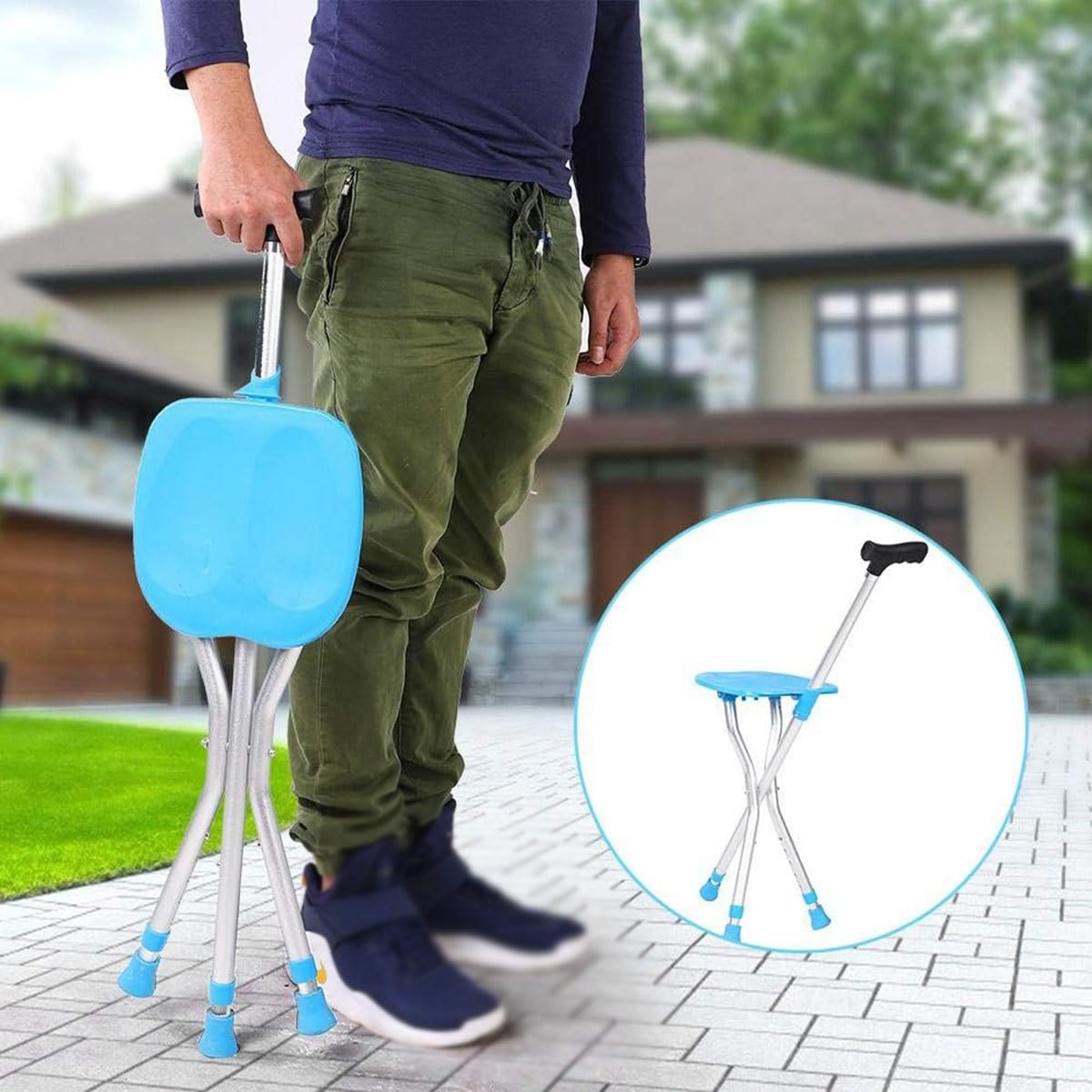 Bastones con Silla Plegable Bastón para Trípode Ajustable A La Altura Bastón Ortopédico Ayuda para Caminar Silla Asiento Muleta para Ancianos Y Discapacitados Mango Ergonómico