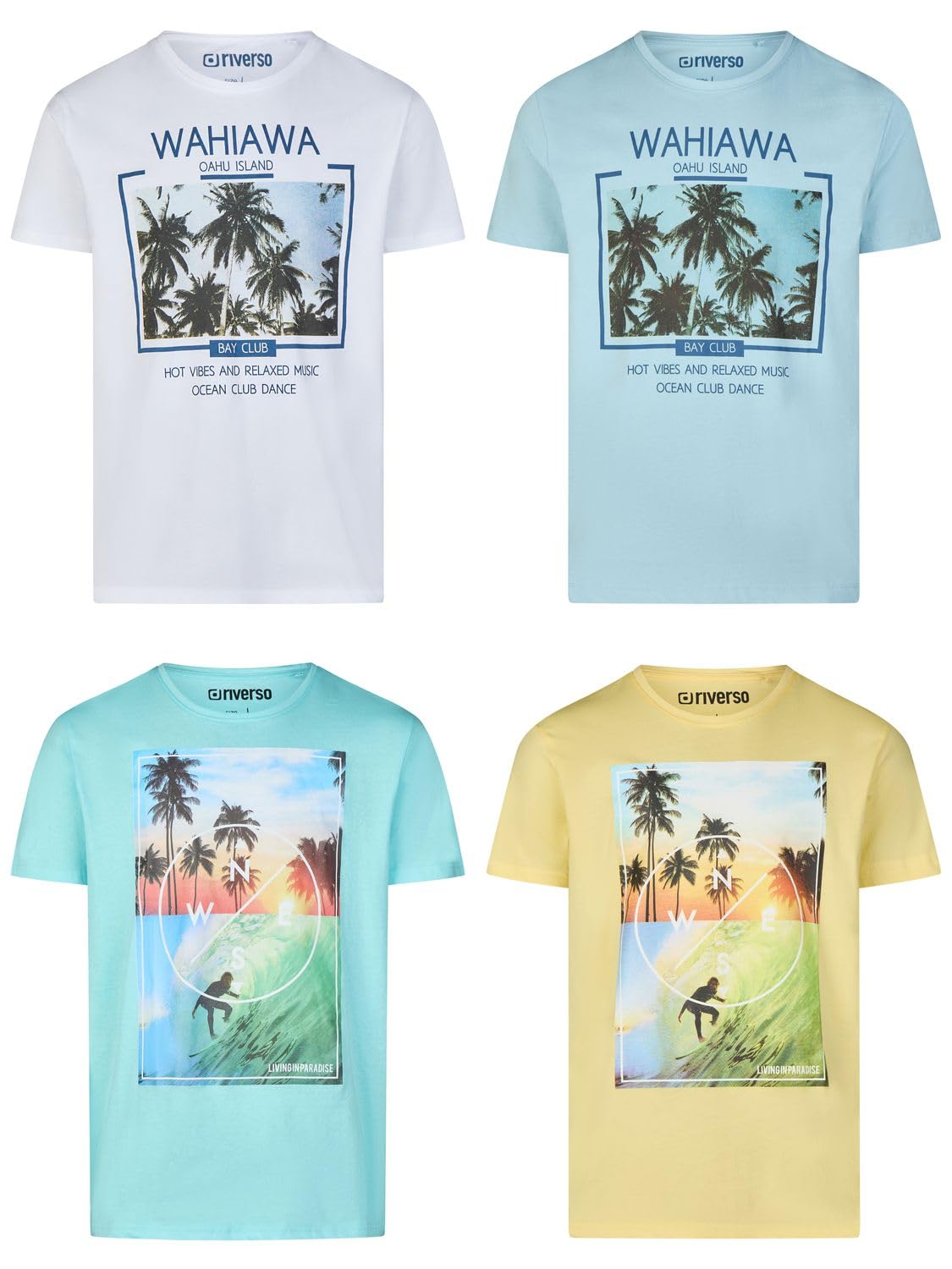 riverso Tshirt Herren Set Baumwolle Regular Fit RIVLukas 4er Pack | Rundhals Kurzarm Sommer Tee Shirt Print Blau Grün Weiß Grau Gelb Türkis S M L XL XXL 3XL 4XL 5XL