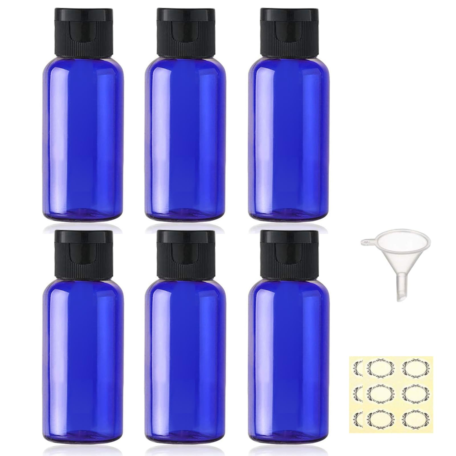 JamHooDirect 6PCS 50ml Plastic Travel Bottles with Flip Cap Empty Squeeze Bottles Refillable Travel Container with Funnel & Labels TSA Approved for Liquids Lotion Toiletries Cosmetic（Blue）