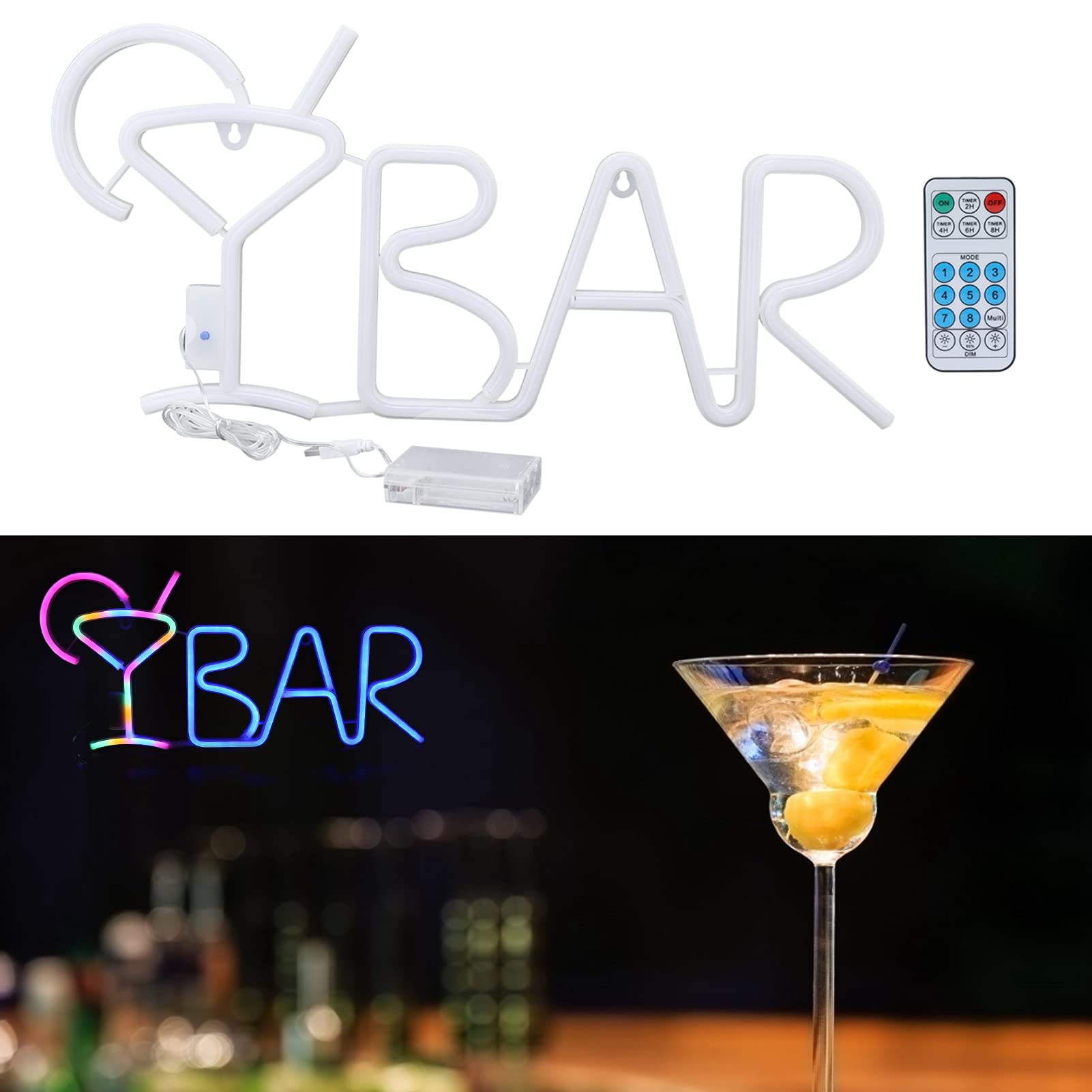 Cocoarm Neon BAR, Neonowa LED ABS PVC z Pilotem, 8 Trybów Oświetlenia, Zasilanie Przez USB lub baterię, Dekoracja ścienna o Wymiarach 21,7 X 10 Cali do Domowej Sypialni z Barem (Numer 2 (13 x 2,9