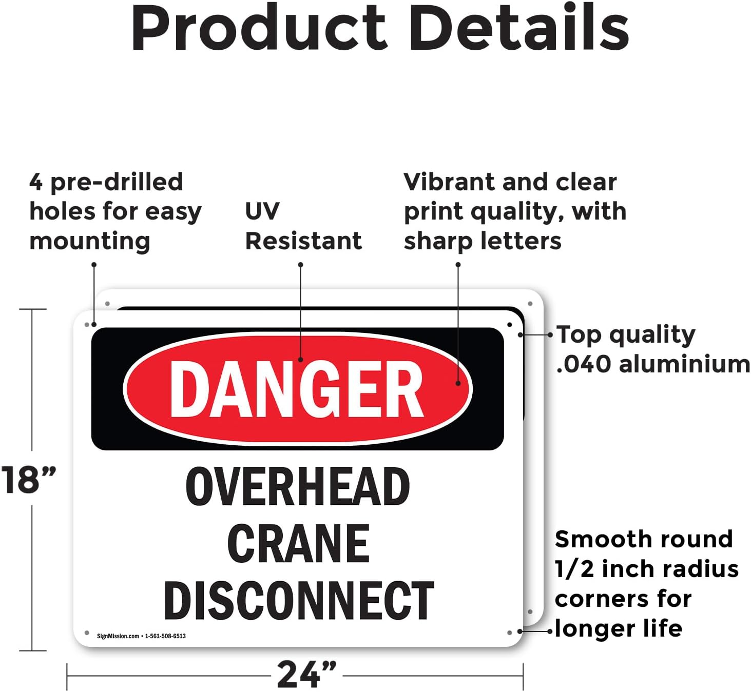 (2 Pack) Overhead Crane Disconnect OSHA Danger Sign 24 Inch X 18 Inch Indoor/Outdoor Rust-Free Aluminum Metal Signs for Workplace, Workshop, and Construction Site, Made in the USA
