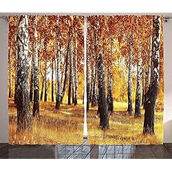 Cortinas Para Salas Estampadas ABAKUHAUS Bosque Cortinas, Diseño de Las Hojas de otoño, Sala de Estar Dormitorio Cortinas Ventana Set de Dos Paños, 280 x 225 cm, Marrón Anaranjado