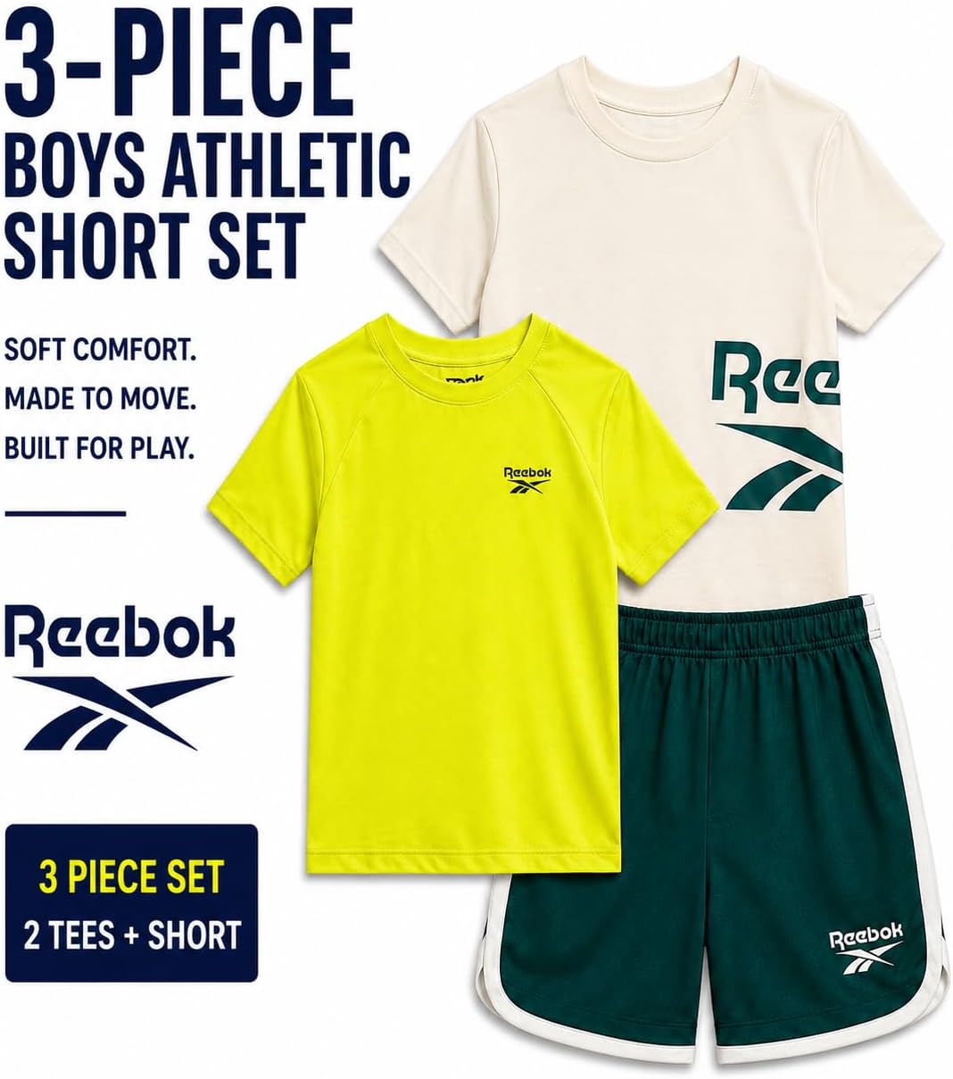 Reebok Toddler Boys Short Set - 3 Piece Summer Outfit with 2 T-Shirts & Shorts - Activewear Clothes for Toddler & Little Boys