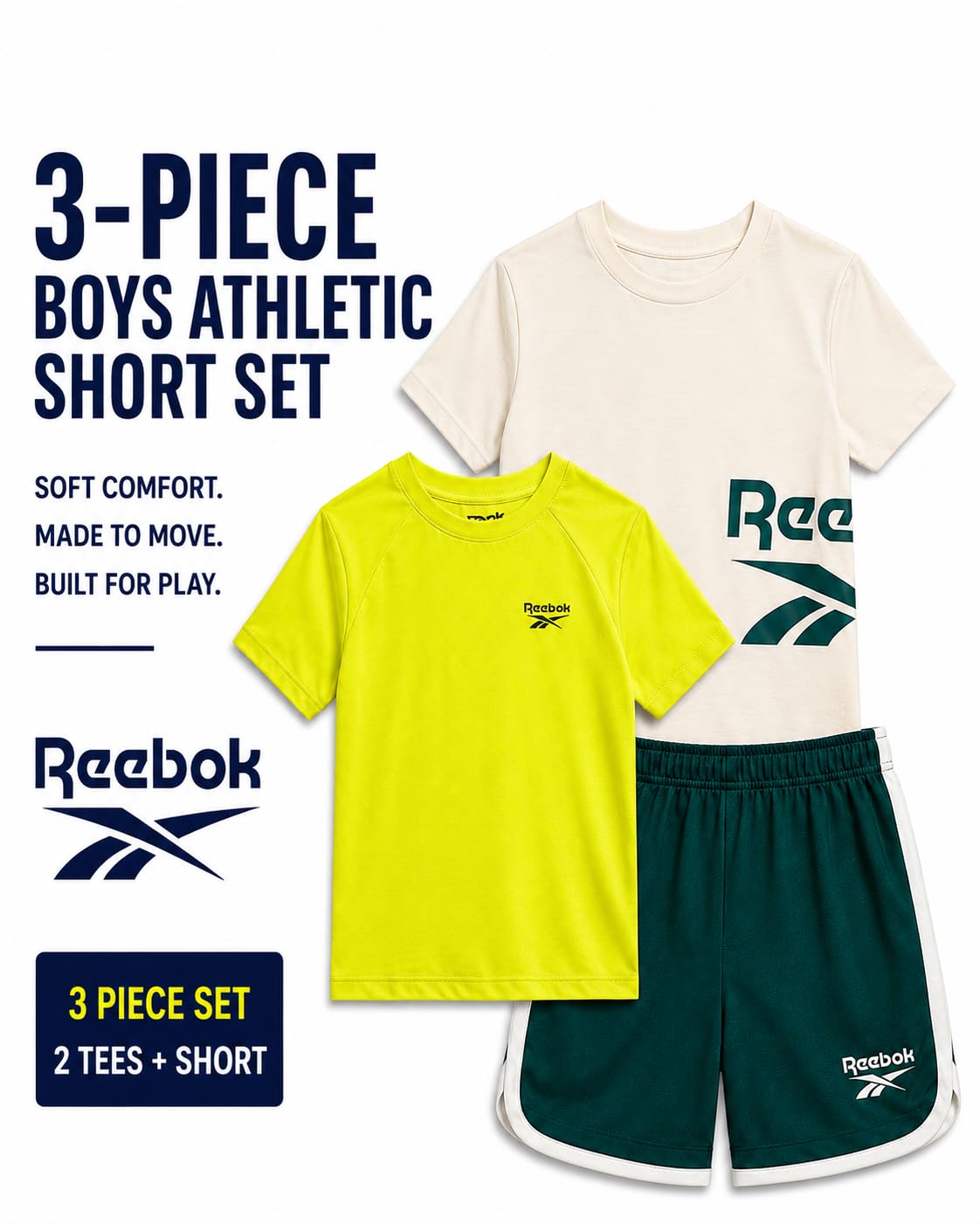 Reebok Set di pantaloncini da bambino, 3 pezzi, vestito estivo con 2 magliette e pantaloncini, abbigliamento sportivo per bambini e bambini piccoli