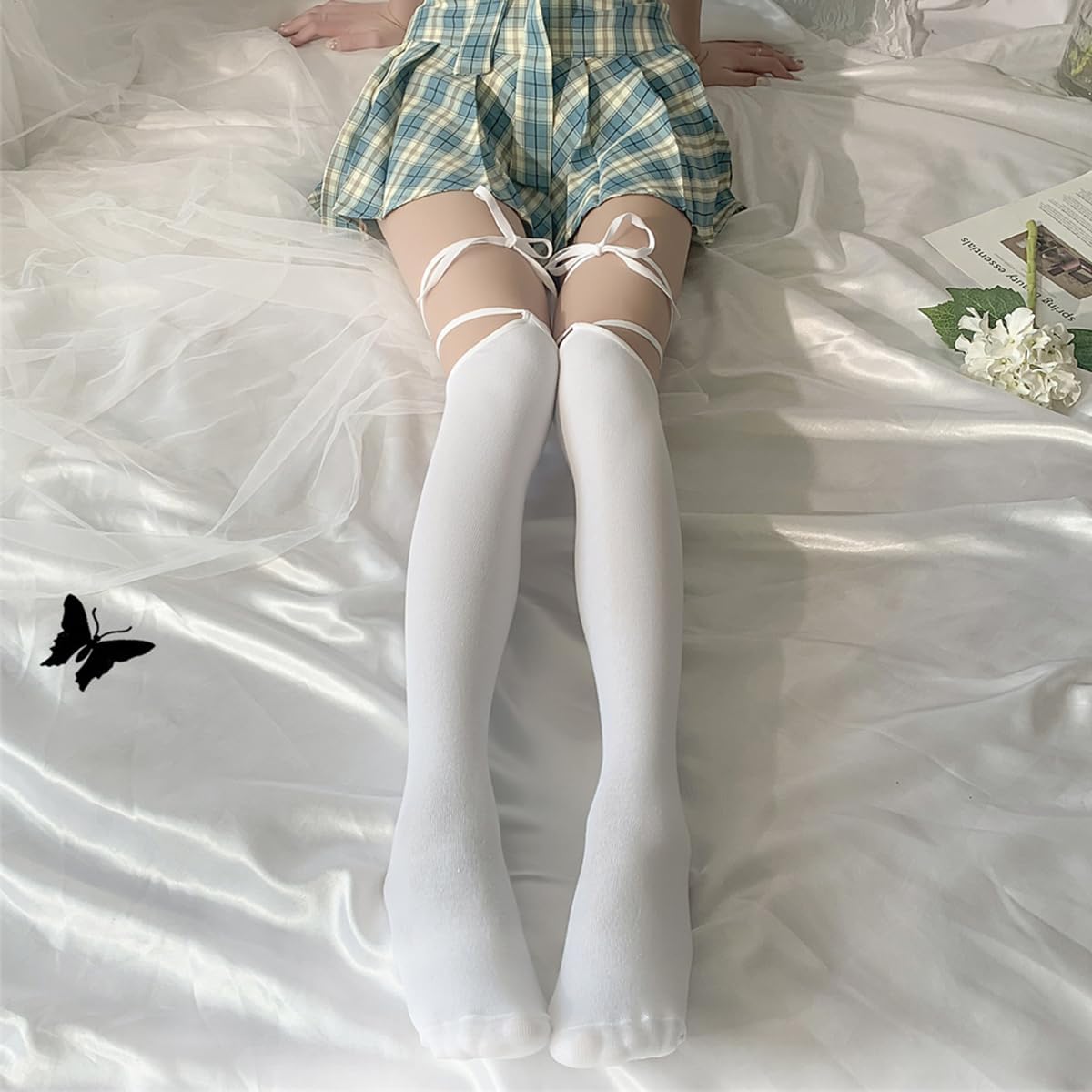 2 Pairs Lace Thigh High Stockings With Bows Y2K Lace Socks Over Knee Long Stocking image 2