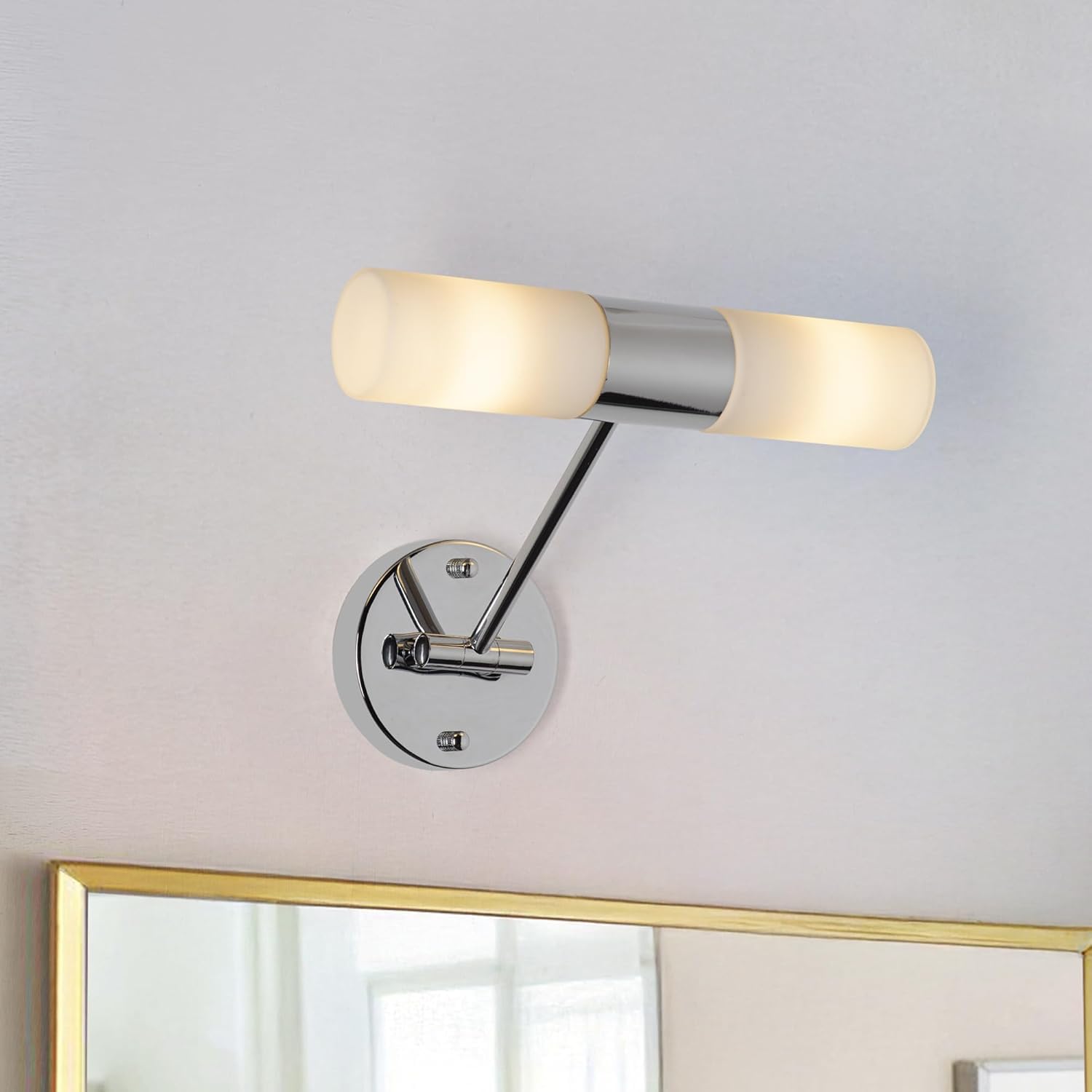 Alpinaluz Applique da Parete 2×E14 Vetro Metallo Cromato IP44 Doppia Luce | Braccio girevole per orientare le due luci in orizzontale o verticale: bagno, specchio, toeletta, corridoio, camera