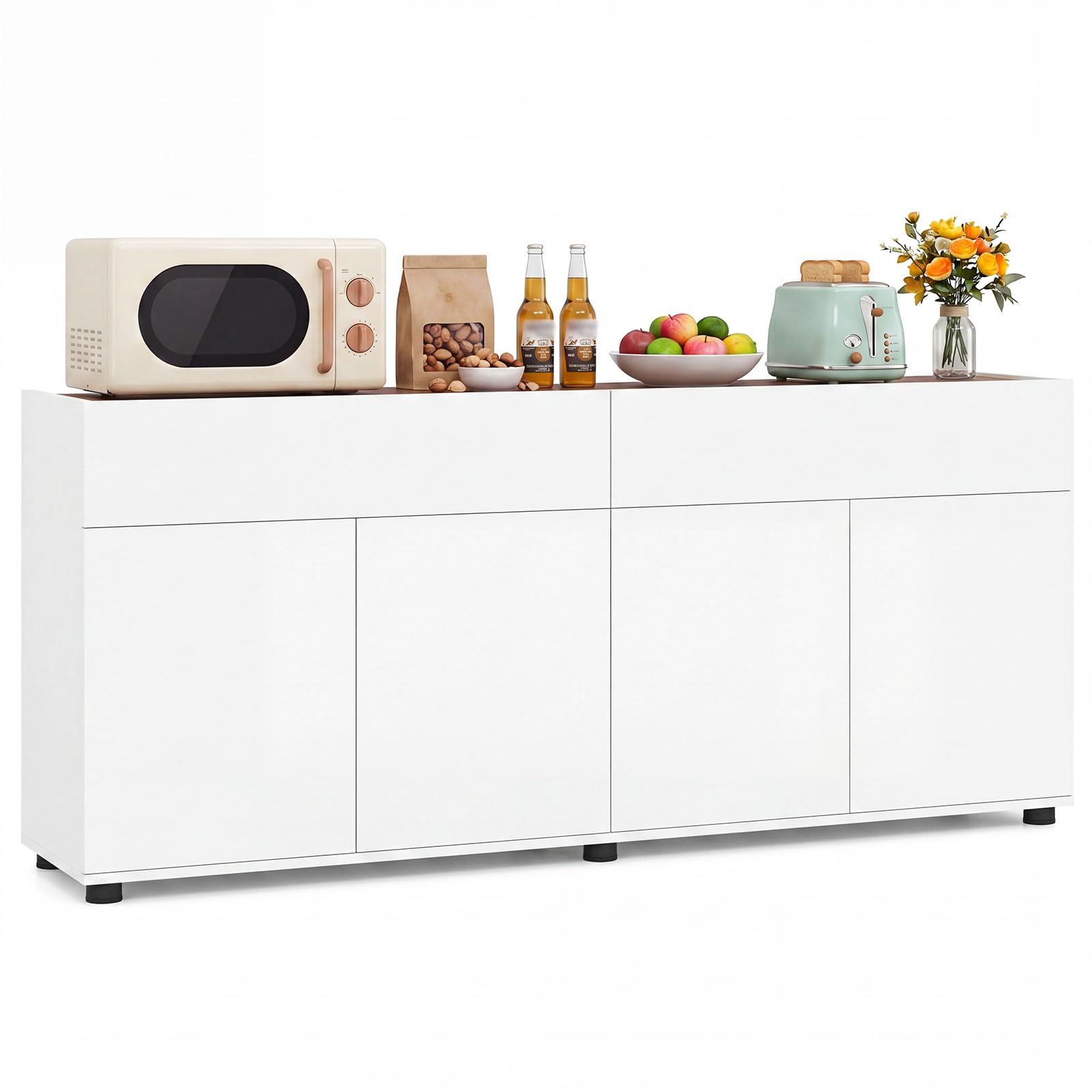 COSTWAY 160cm Sideboard Cabinet with 4 Doors & 2 Drawers (White)