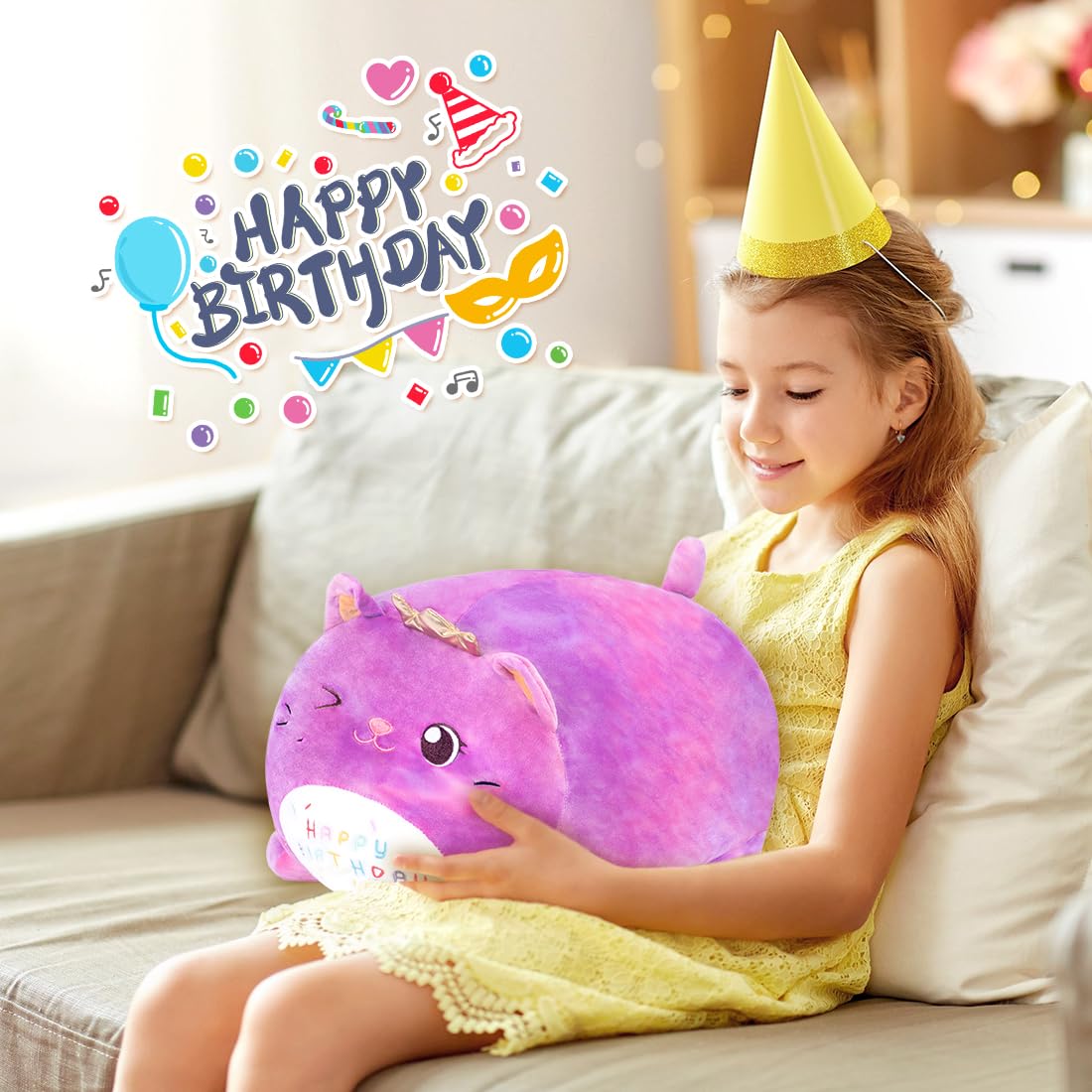 Peluche Gatto Compleanno - Giocattolo Morbido con Scritta 'HAPPY BIRTHDAY', Regalo Personalizzabile per Bambini Adulti (25CM,Viola)