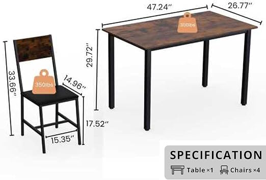 Dining Table Set for 4, Wood Rectangular Dining Table Furniture Set for Kitchen, Dining Room, Small Space, Rustic Brown