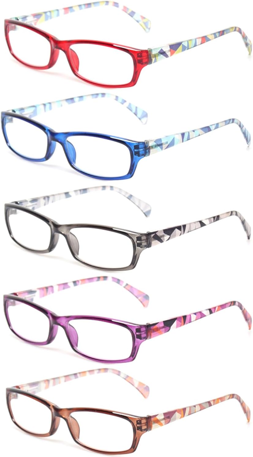 Reading Glasses 5 Pairs Fashion Ladies Readers Spring Hinge with Pattern Print Eyeglasses for Women (5 Pack Mix Color, 2.5)
