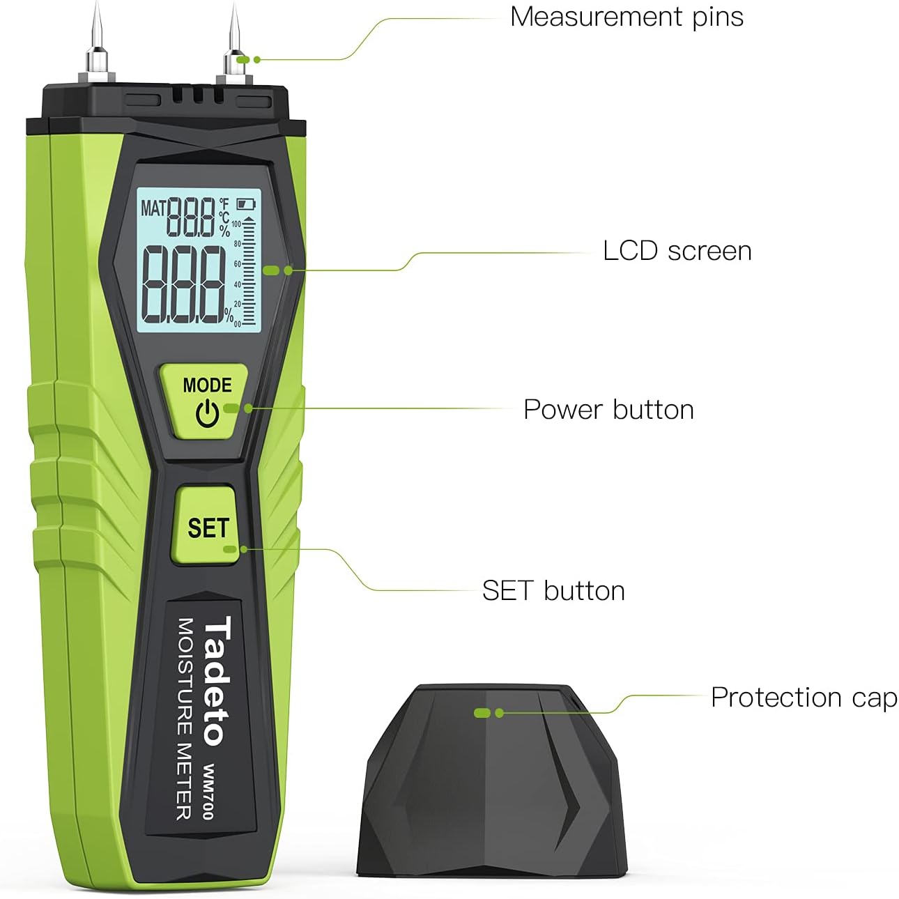 Labeled components of the Tadeto Digital Moisture Meter WM700
