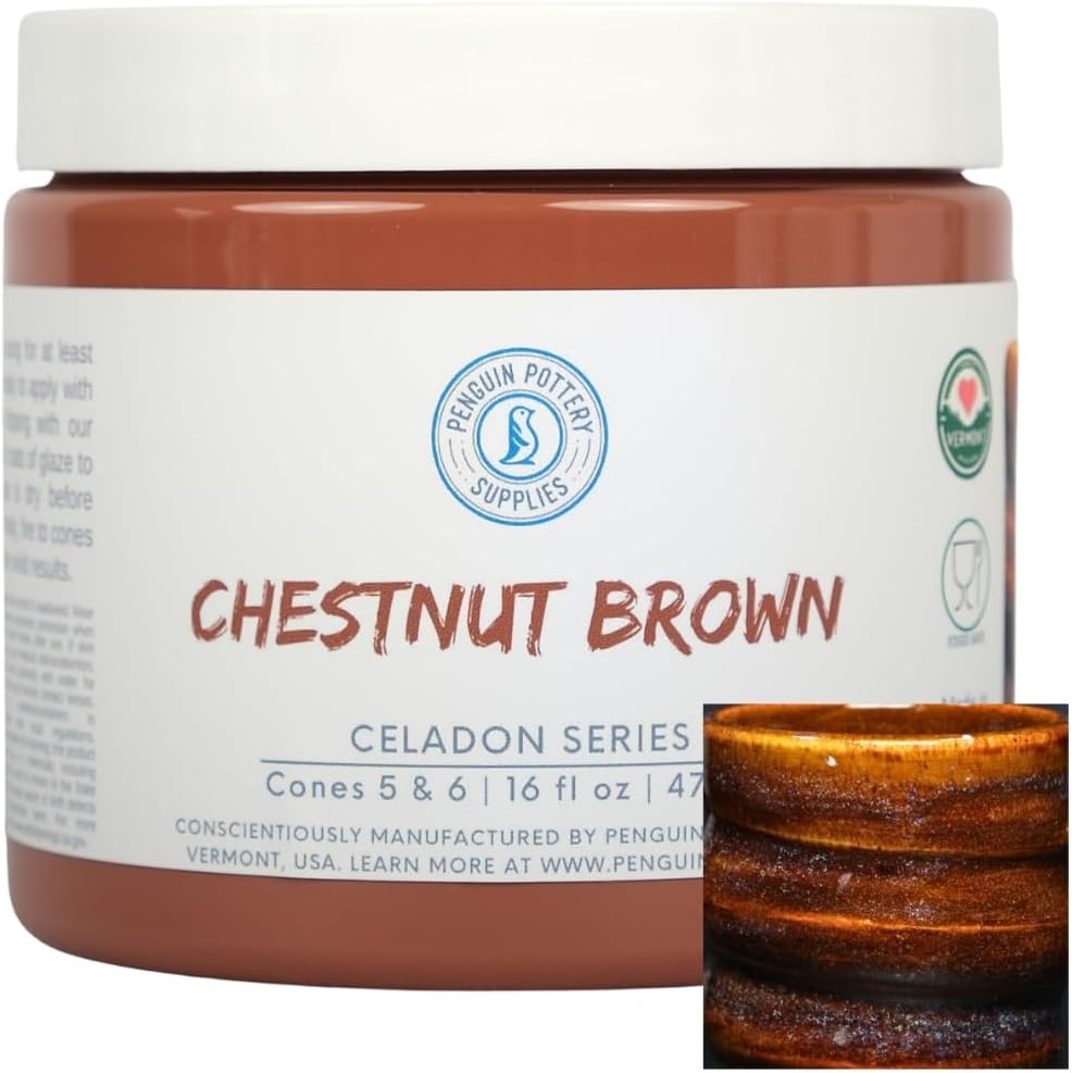 Penguin Pottery - Celadon Series - Glossy Chestnut Brown - Mid Fire Glaze, High Fire Glaze, Cone 5-6 for Mid Fire Clay, High Fire Clay - Ceramic Glaze Pottery (1 Pint | 16 oz | 473 ml)
