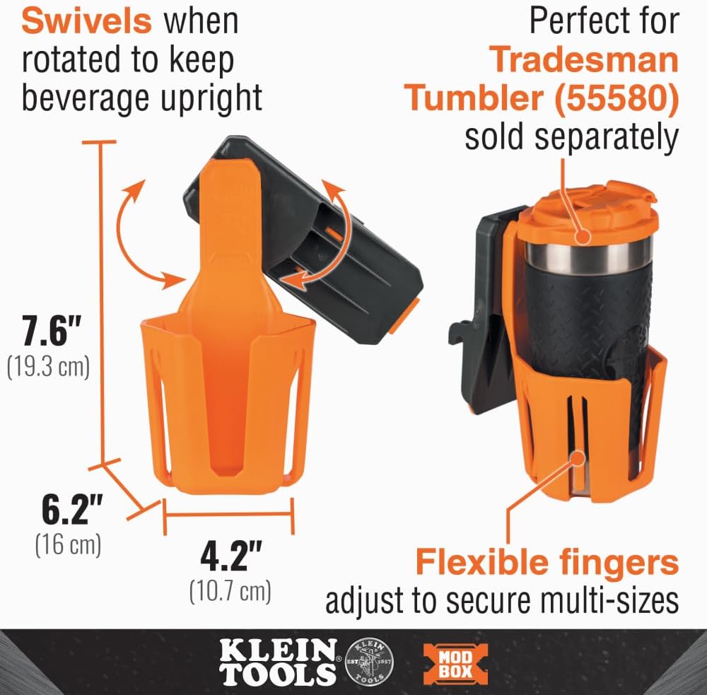 Klein Tools 54817MB MODbox Cup Holder, Anti-Spill Self-Leveling Swivel, Modular Tool Storage System Side Mounting Accessory, Easy One-Handed Attachment
