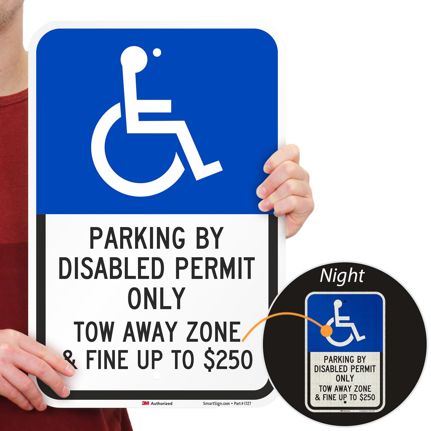 SmartSign Paquete de 2 letreros "Parking By Disabled Permit Only Tow-Away Zone & Fine Up To $250", 12 x 18 pulgadas, aluminio de 63 mil, material reflectante laminado 3M, azul/negro/blanco, fabricado