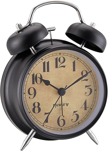 Miniatura 8 de Reloj despertador de doble campana de 4 pulgadas, luz nocturna, reloj de escritorio, despertador para dormitorio (gris rural) Gris