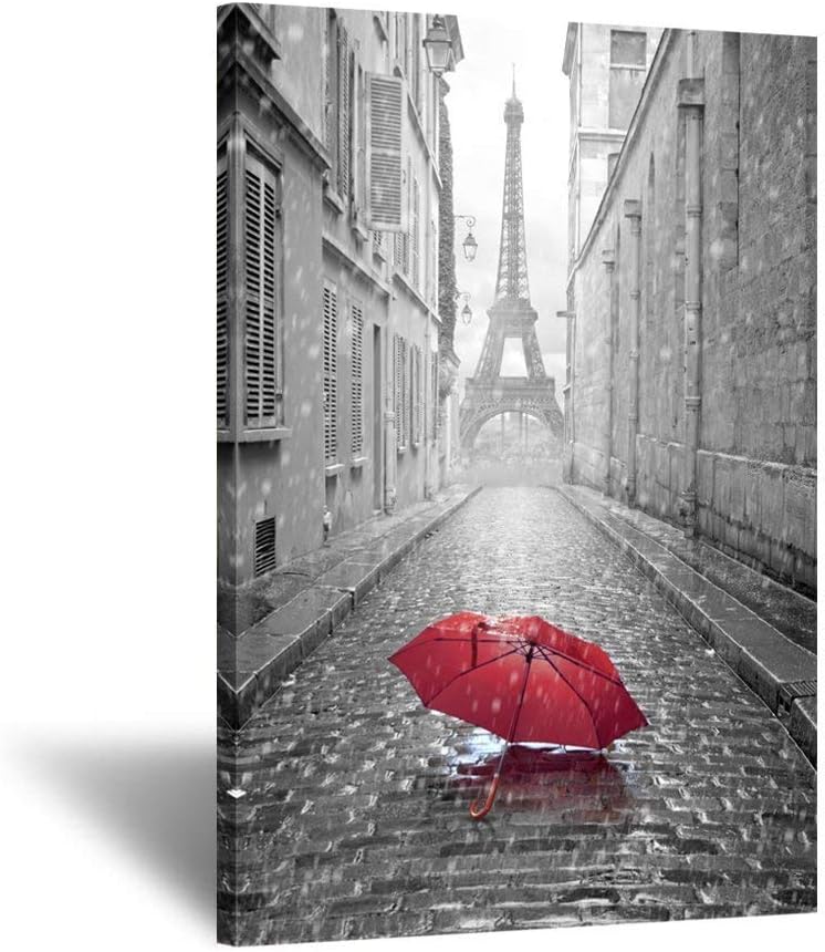 KREATIVE ARTS Black and White Romantic Paris Street Contemporary Art Poster Prints Eiffel Tower with Red Umbrella Photography Framed Wall Mounting Ready to Hang 24x36inch