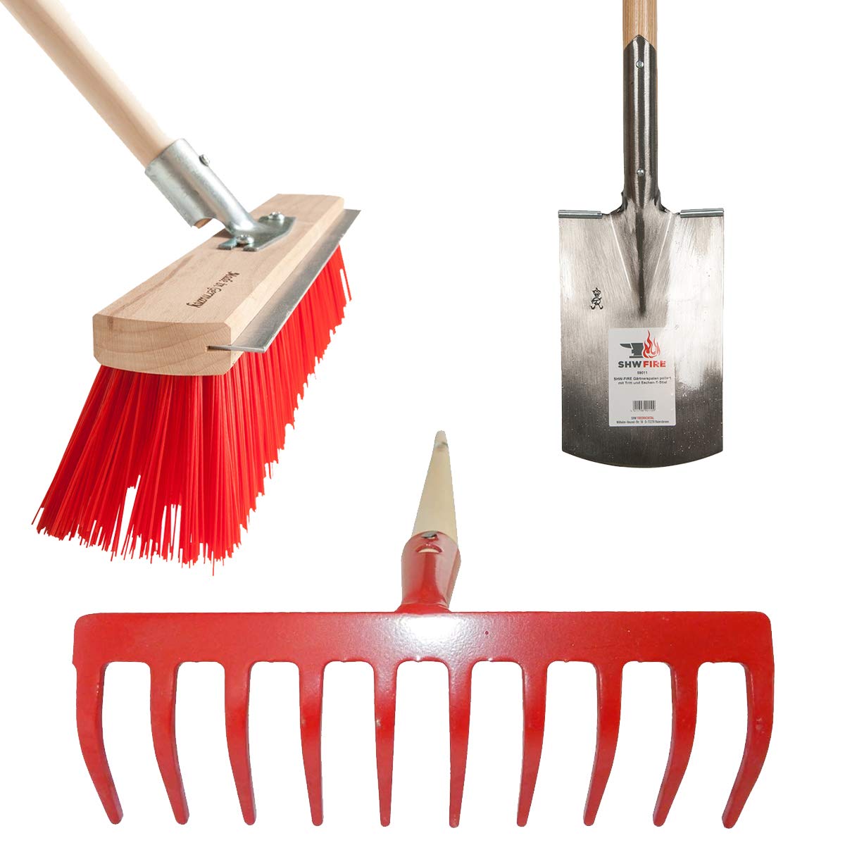 SHW-FIRE Set: Gärtnerspaten mit T-Griff, Gartenrechen 10 Zinken, Besen | Für Garten & Bodenbearbeitung | Umgraben, Einebnen & Reinigen | Wege, Beete & Garten sauber & ordentlich halten