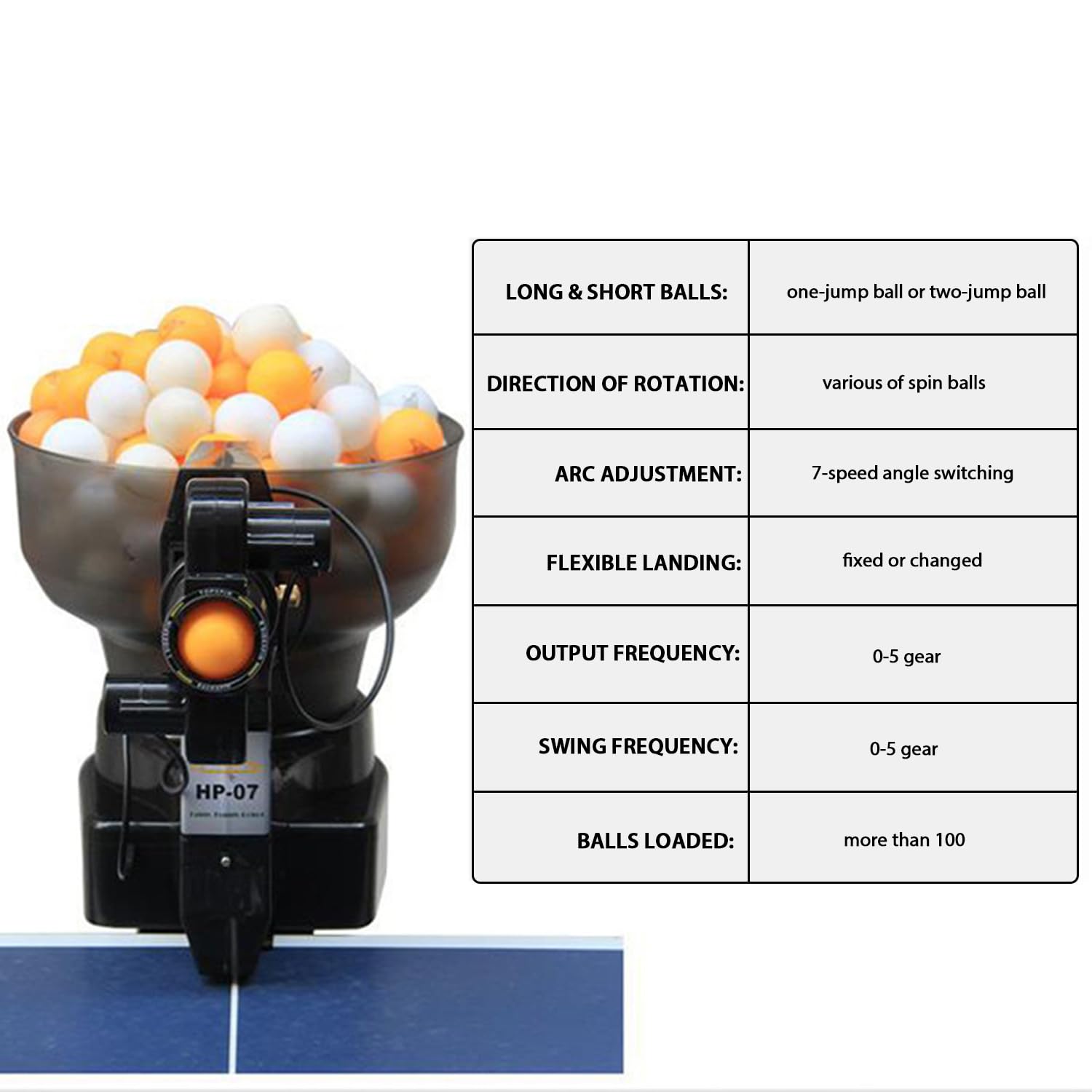 Machine automatique de balle d'entraînement de tennis de table, peut être équipée de plus de 100 balles, 7 angles réglables, peut émettre 36 types de balles rotatives, fréquence réglable