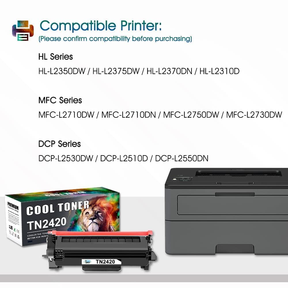 Cool Toner TN2420 Compatibile Cartuccia di Sostituzione per Toner Brother MFC L2710DW L2710DN MFC-L2710DW MFC-L2710DN MFC-L2750DW HL-L2350DW DCP-L2510D DCP-L2530DW TN 2420 TN-2420 TN2410 Nero 2-Pack