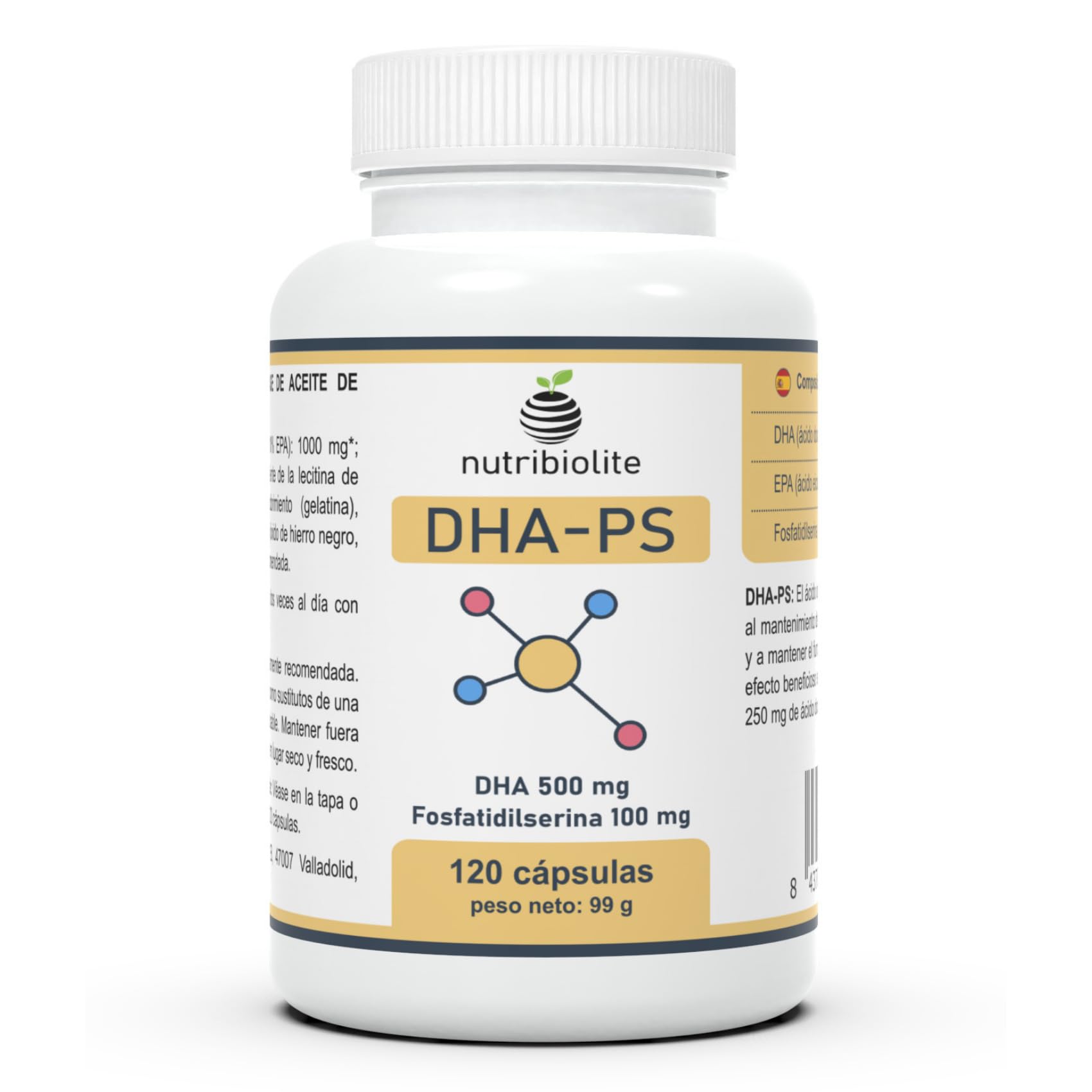 500 mg DHA Omega-3 (Triglyceride) + 100 mg Phosphatidylserin, ohne Soja – für Gehirnfunktion & Sehkraft – 120 Mini-Softgels – DHA-PS Nutribiolite