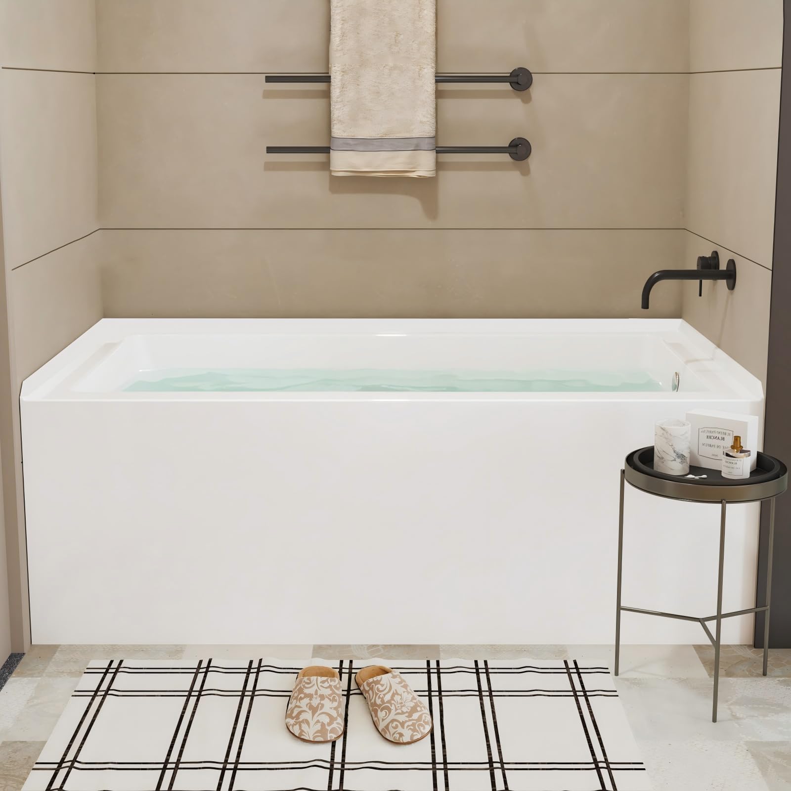 60"*32" Acrylic Bathtub, Single Apron Alcove Soaking Tub with Right-Side Overflow &amp; Drain, Space-Saving Built-In Design, Easy Install for Modern Bathrooms